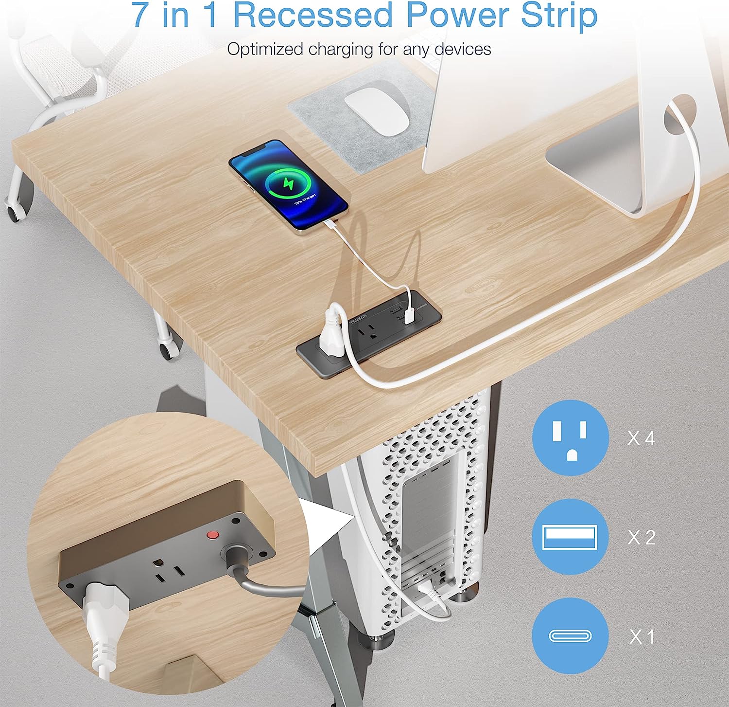 TESSAN Ultra-Thin Flat Plug 5ft with 4 Outlets 3 USB Charger(1 USB C Port), Recessed Power Strip Surge Protector