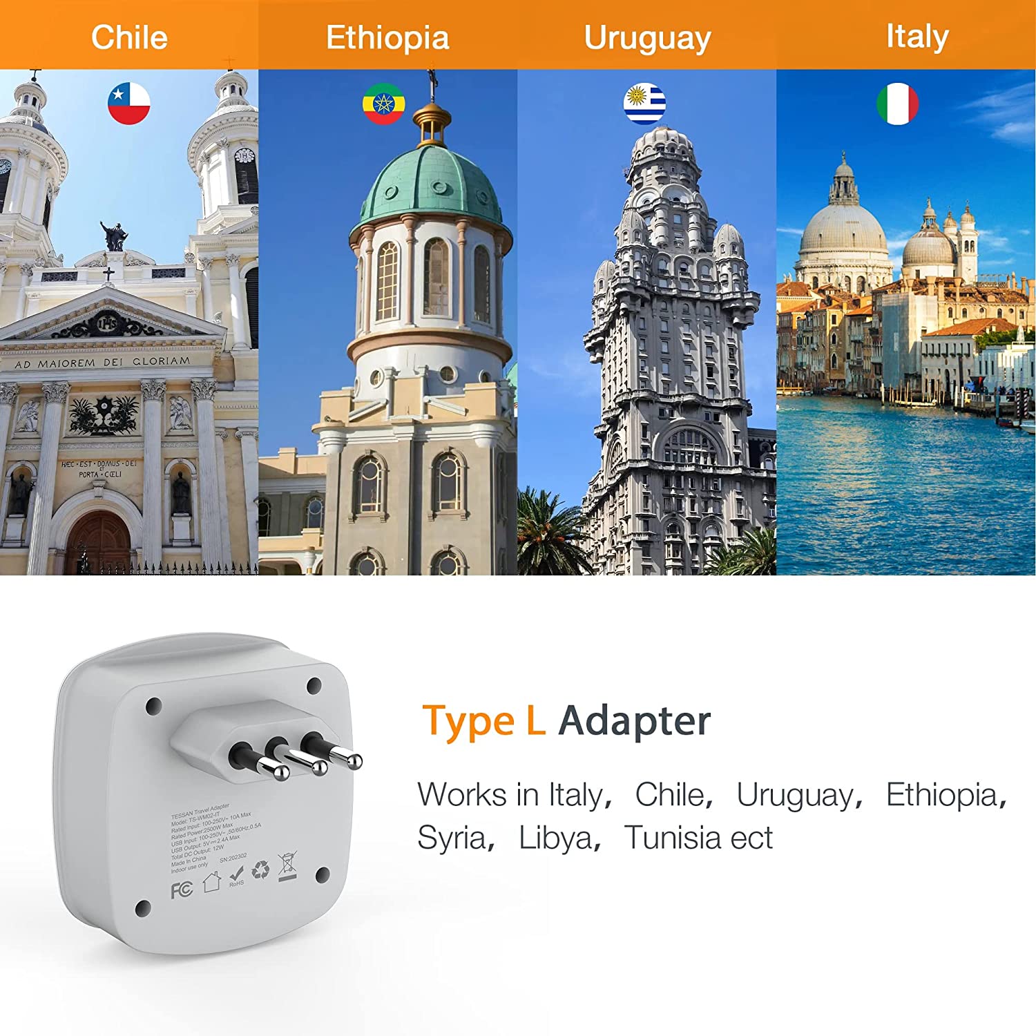 TESSAN Italy Travel Plug Adapter with 2 USB Charger Ports 2 American Outlets