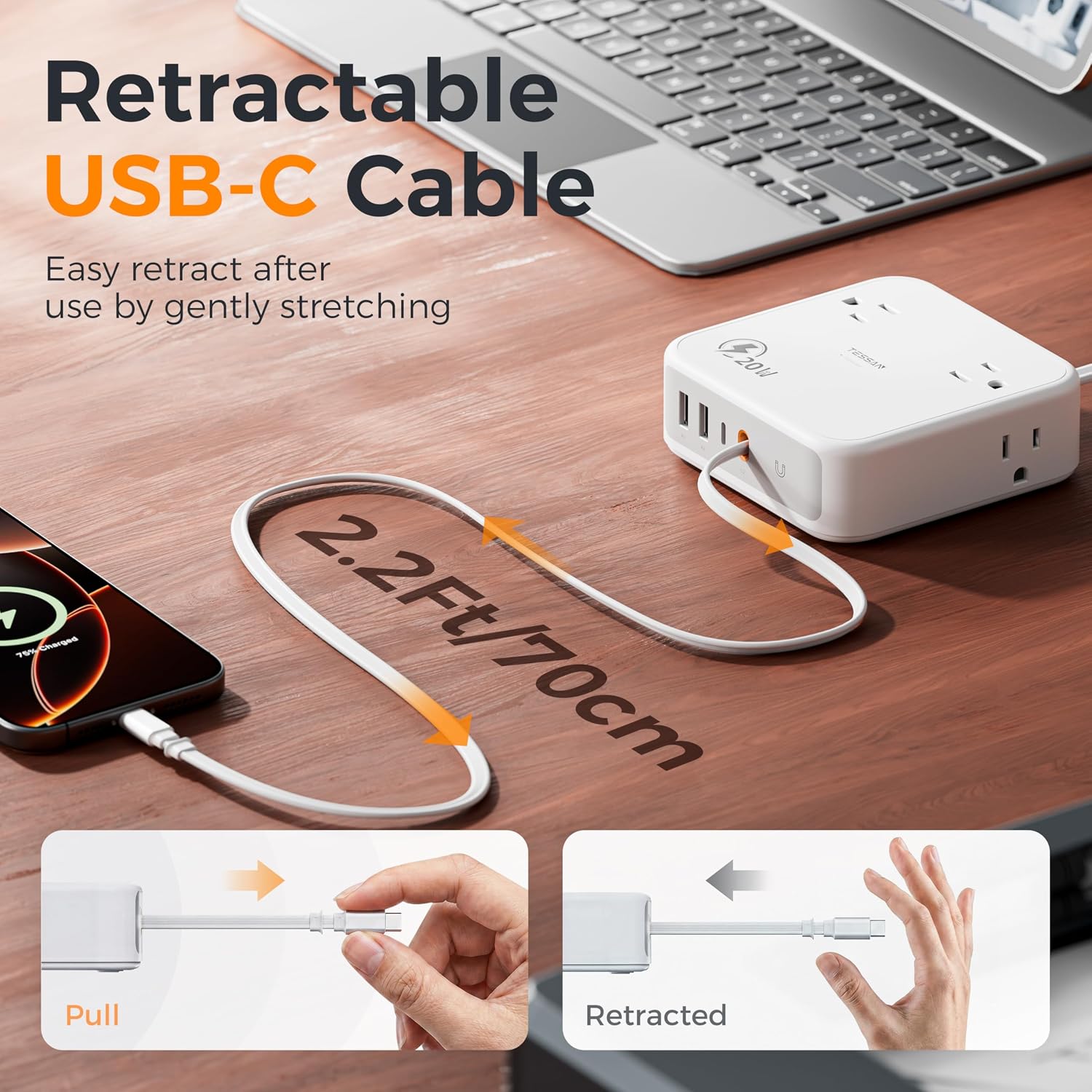 TESSAN 8-in-1 Flat Plug Surge Protector with Retractable USB-C Cable