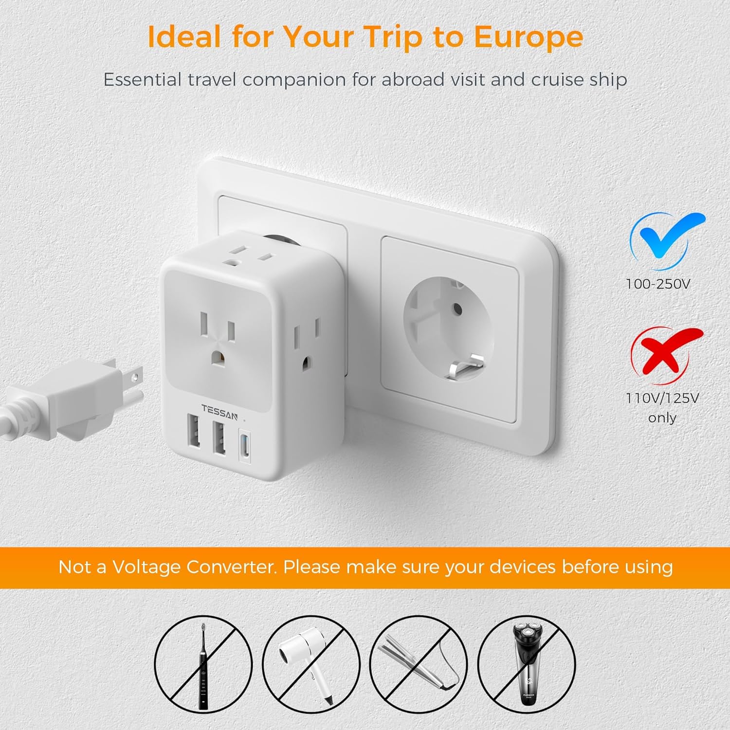 TESSAN US to Europe Power Adaptor with 4 Outlets and 1 USB C, 2 Packs