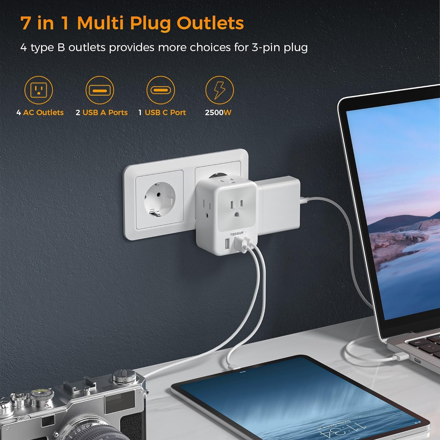 TESSAN US to Europe Power Adaptor with 4 Outlets and 1 USB C, 2 Packs