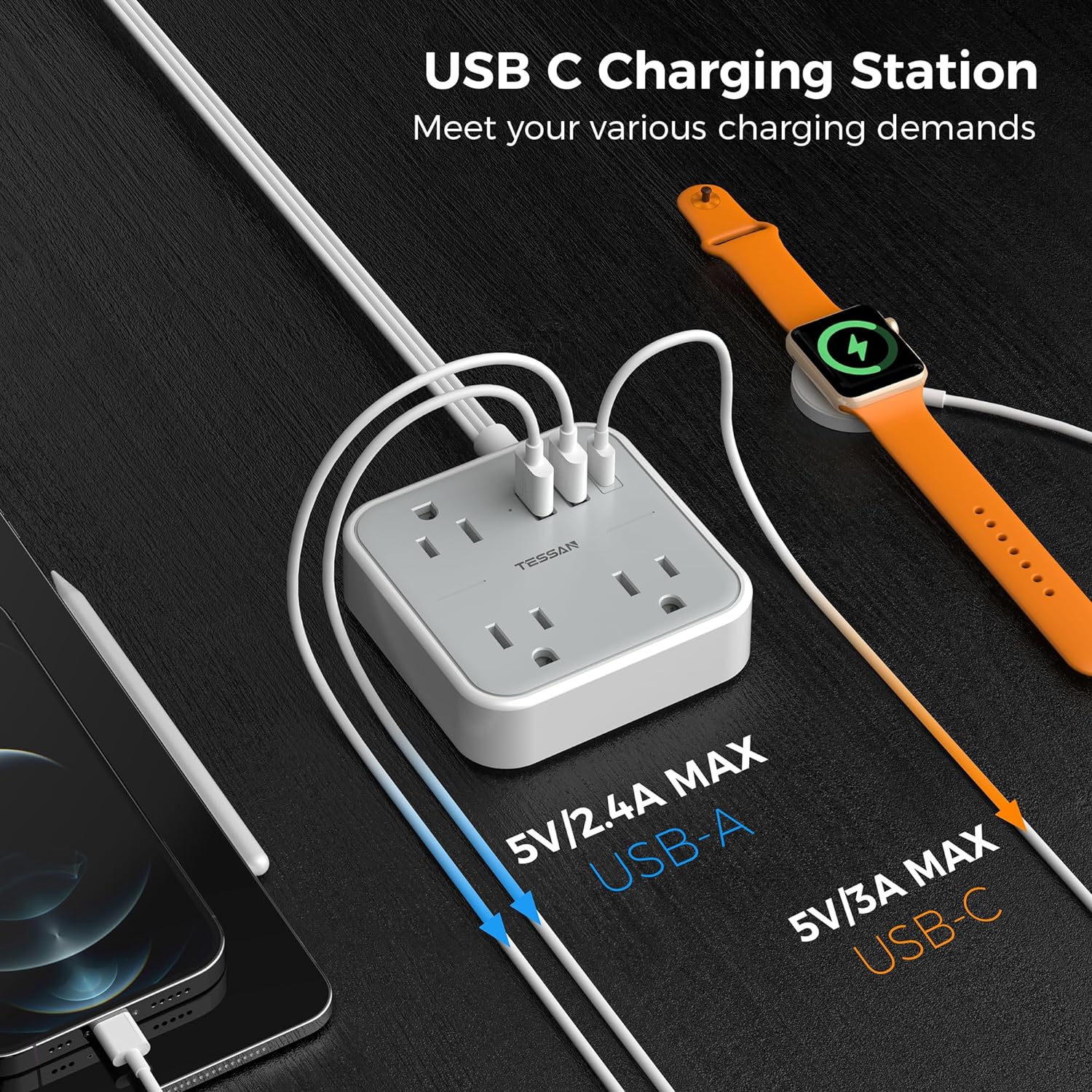 TESSAN Slim Power Strip with 3 USB (1 USB C) Ports, Ultra Thin Flat Extension Cord 5 FT