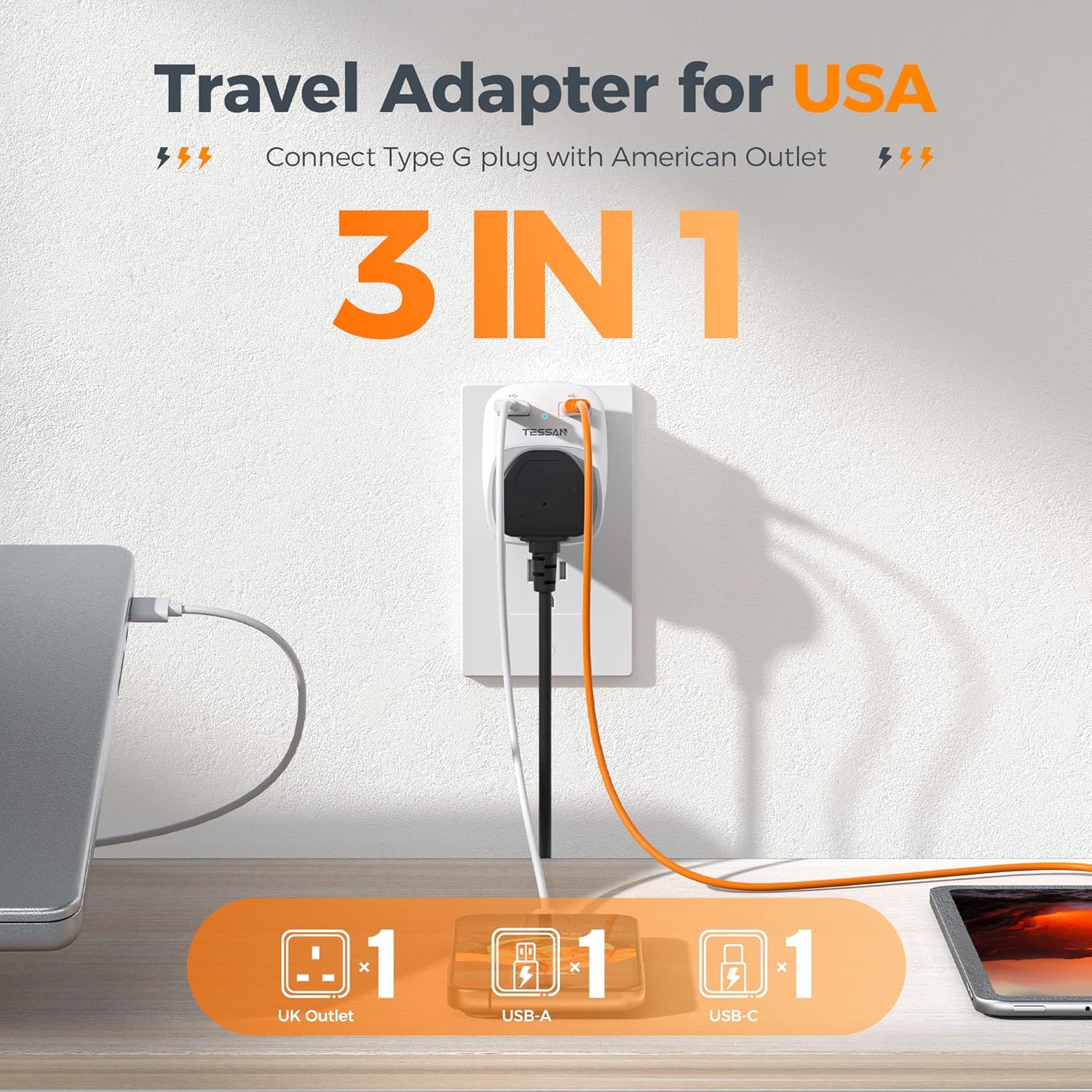 TESSAN UK to US Plug Adapter with AC Outlet 2 USB Ports