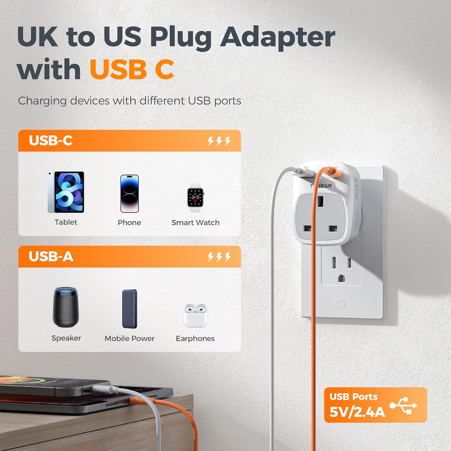 TESSAN UK to US Plug Adapter with AC Outlet 2 USB Ports