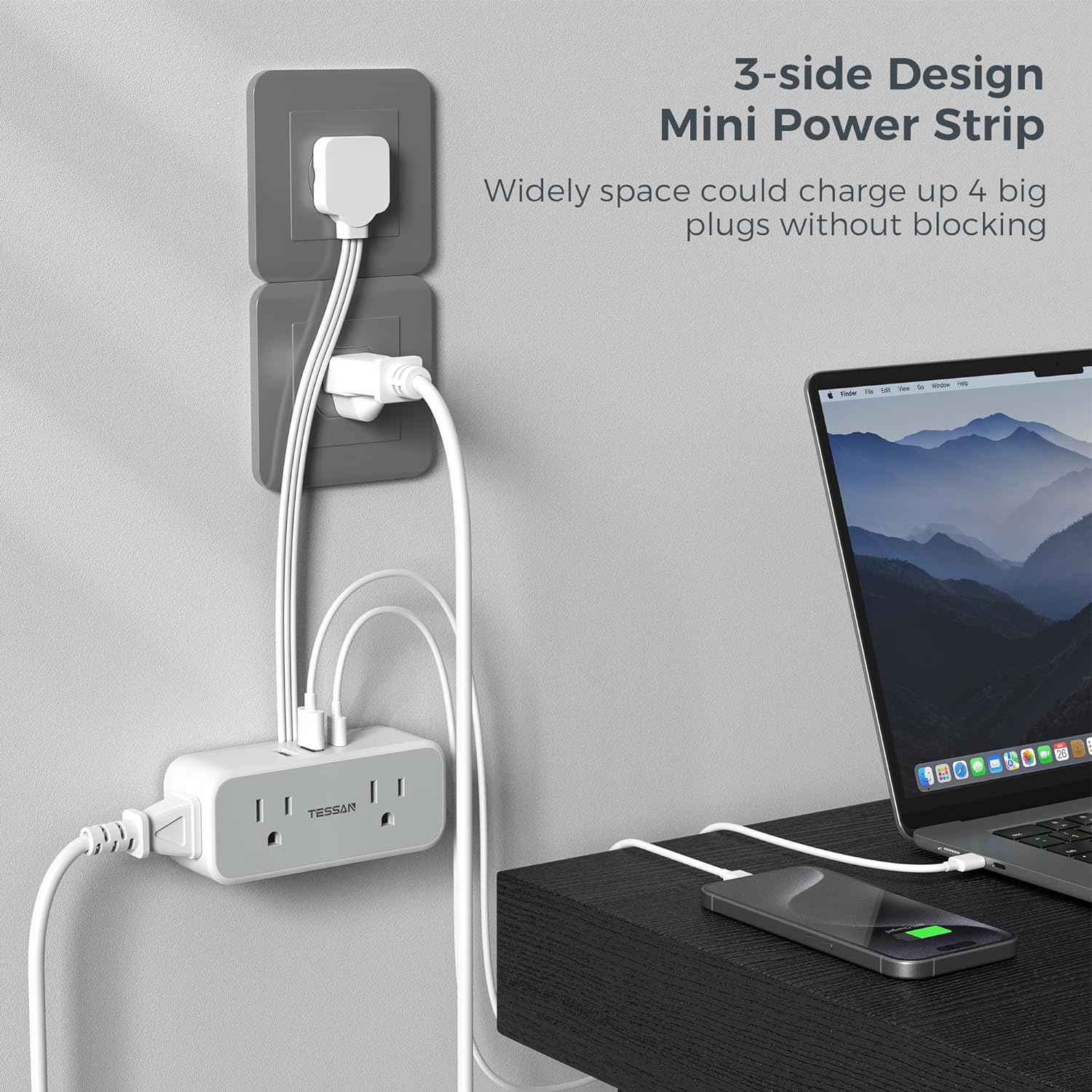 TESSAN Slim Flat Thin Plug Power Strip with 4 AC Outlets 3 USB (1 USB-C) ,6 inch