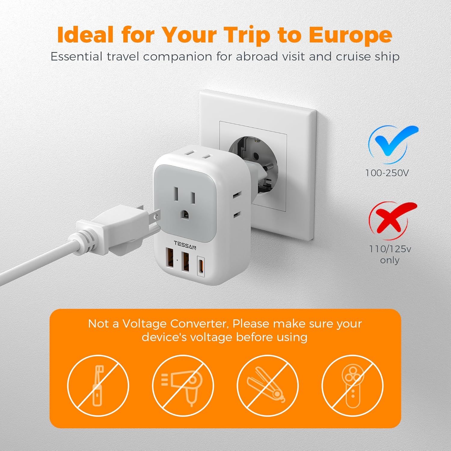 TESSAN Europe Adapter with 4 Outlets and 3 USB(1 USB C PD 20W), Foldable Plug