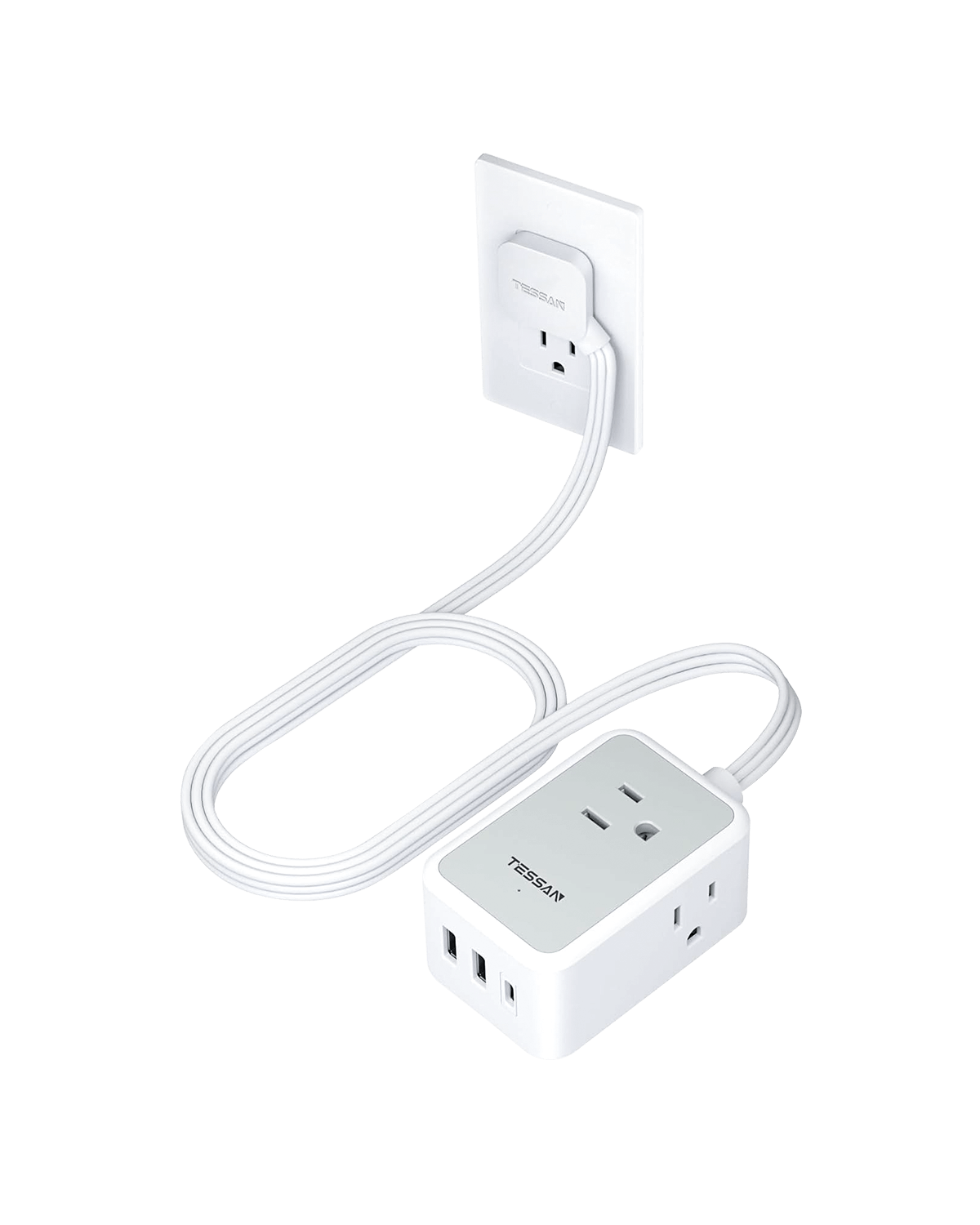 TESSAN Ultra Thin Extension Cord with 3 USB Wall Charger (1 USB C)