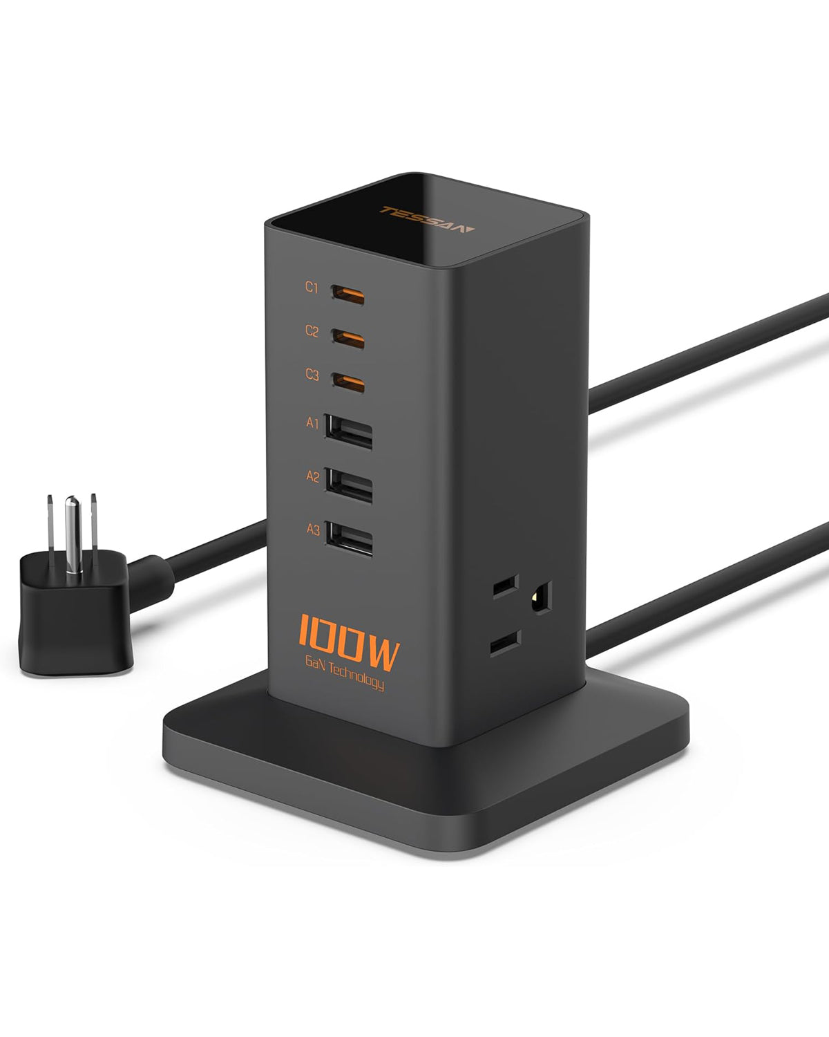 TESSAN 65W Desk Charging Station, 6 Port GaN USB Fast Charger Block Tower with 3 Outlets