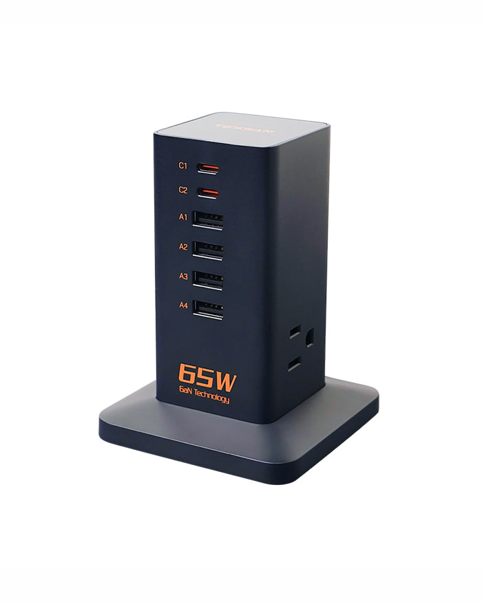 TESSAN 65W Desk Charging Station, 6 Port GaN USB Fast Charger Block Tower with 3 Outlets