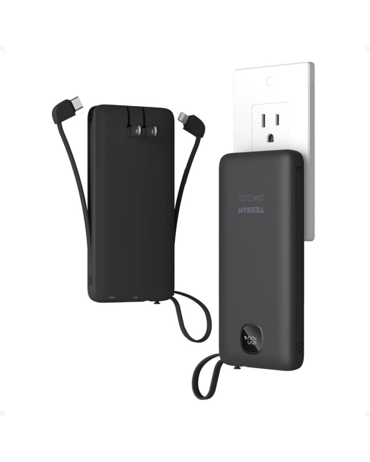 TESSAN 10000mAh Portable Charger with Built-In Cables