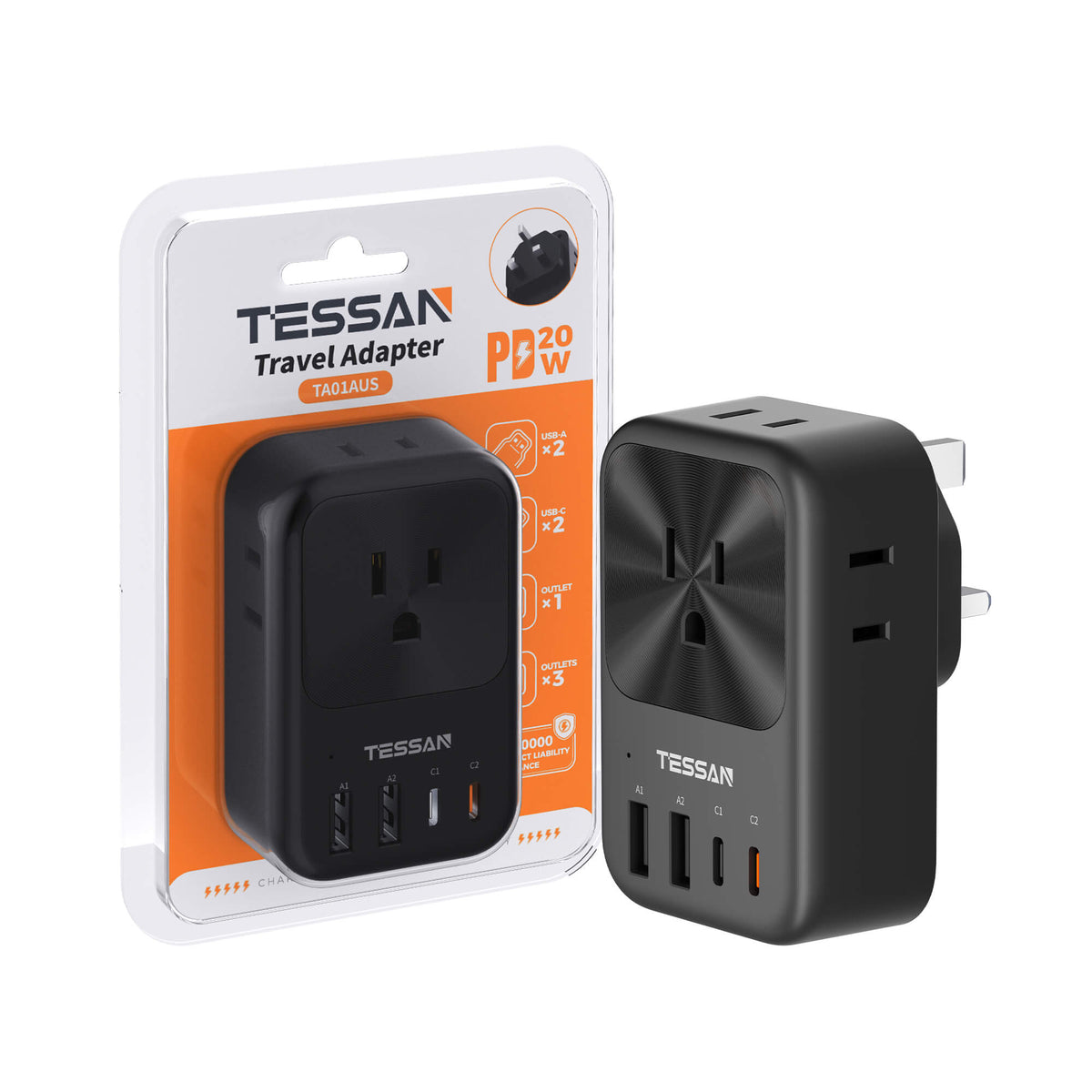 TESSAN UK Travel Adapter with 20W USB-C Fast Charging - cETLus Certified