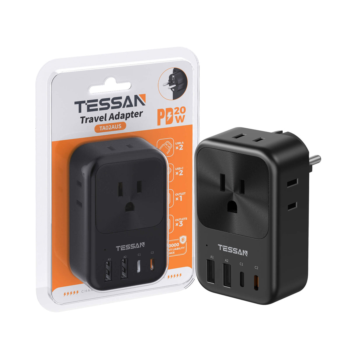 TESSAN Type F Travel Plug Adapter with 20W USB-C Charging - cETLus Certified