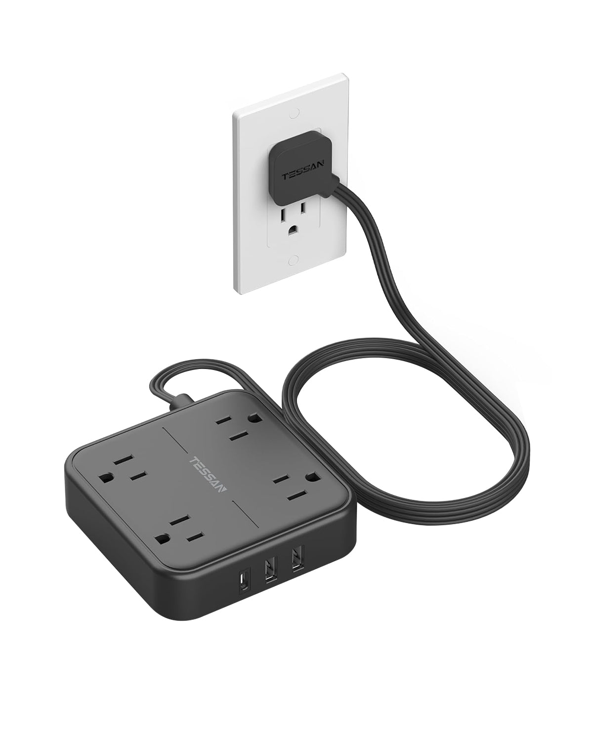 TESSAN 5 ft Ultra Thin Black Extension Cord with 3 USB Wall Charger(1 USB C Port), Flat Plug Power Strip