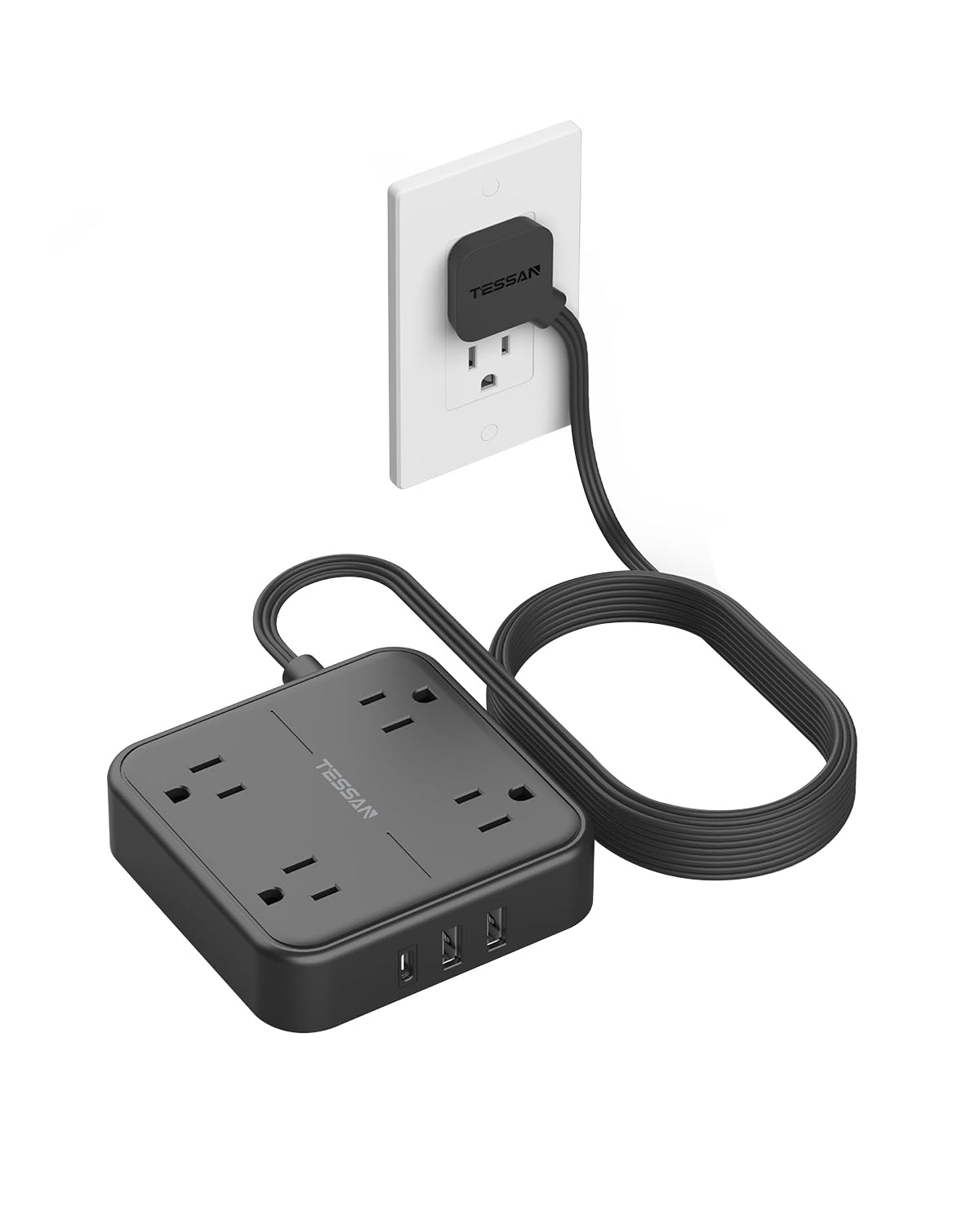 TESSAN 5 ft Ultra Thin Black Extension Cord with 3 USB Wall Charger(1 USB C Port), Flat Plug Power Strip