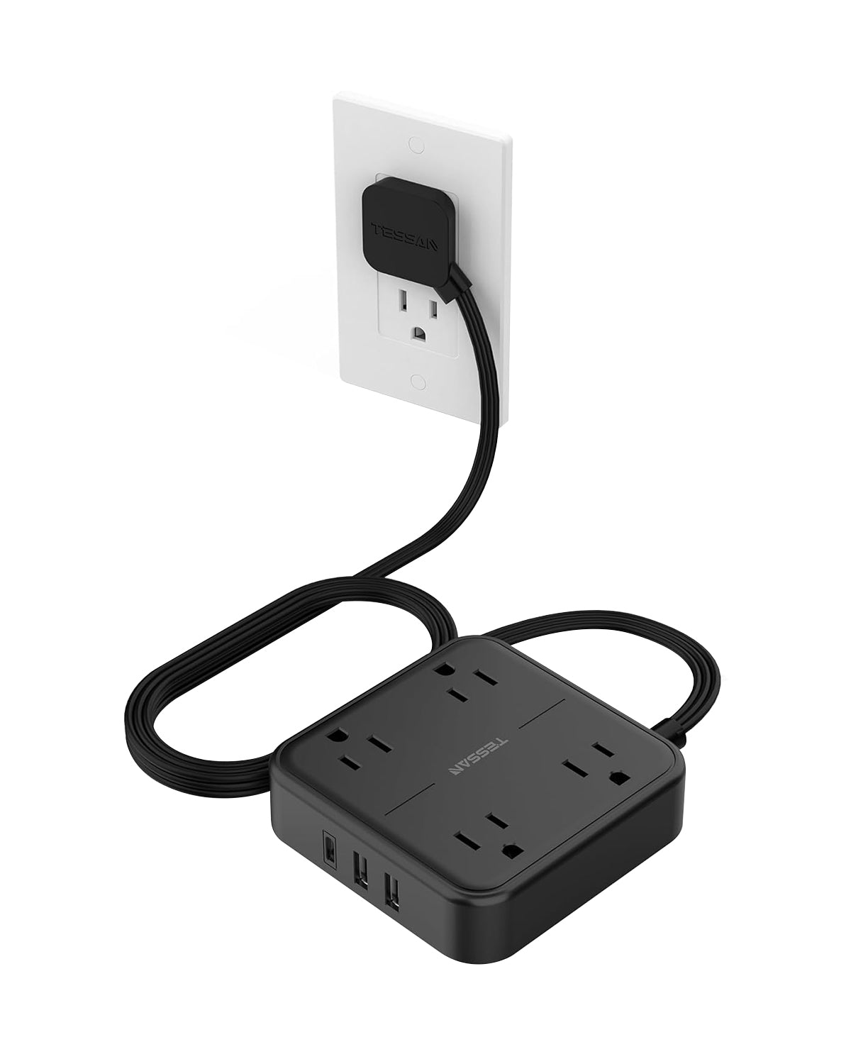 TESSAN 4 AC Outlets Surge Protector Extension Cord, Black Flat Plug Po