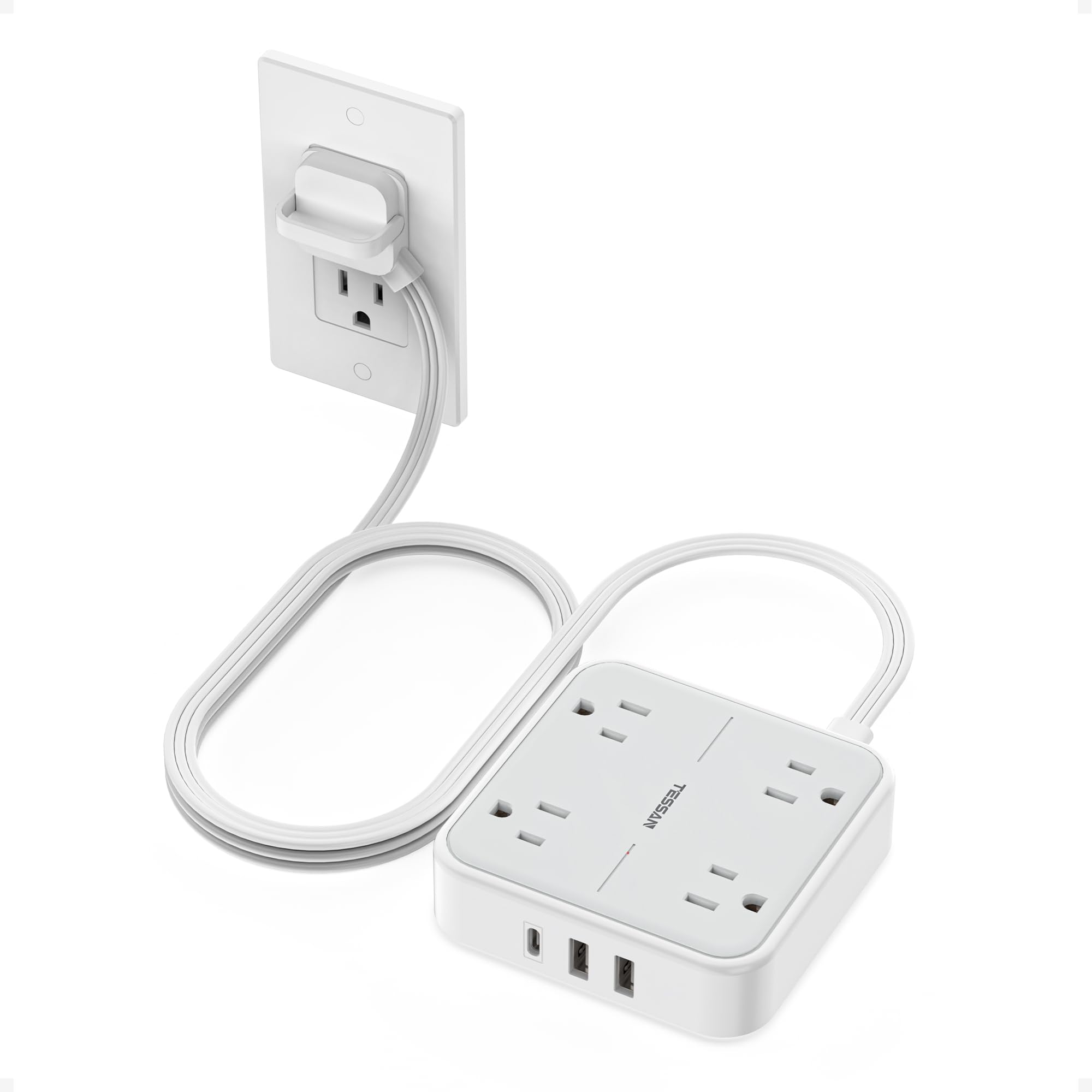 TESSAN Flat Plug Surge Protector Power Strip,5 ft Ultra Thin Extension Cord with 1 USB C