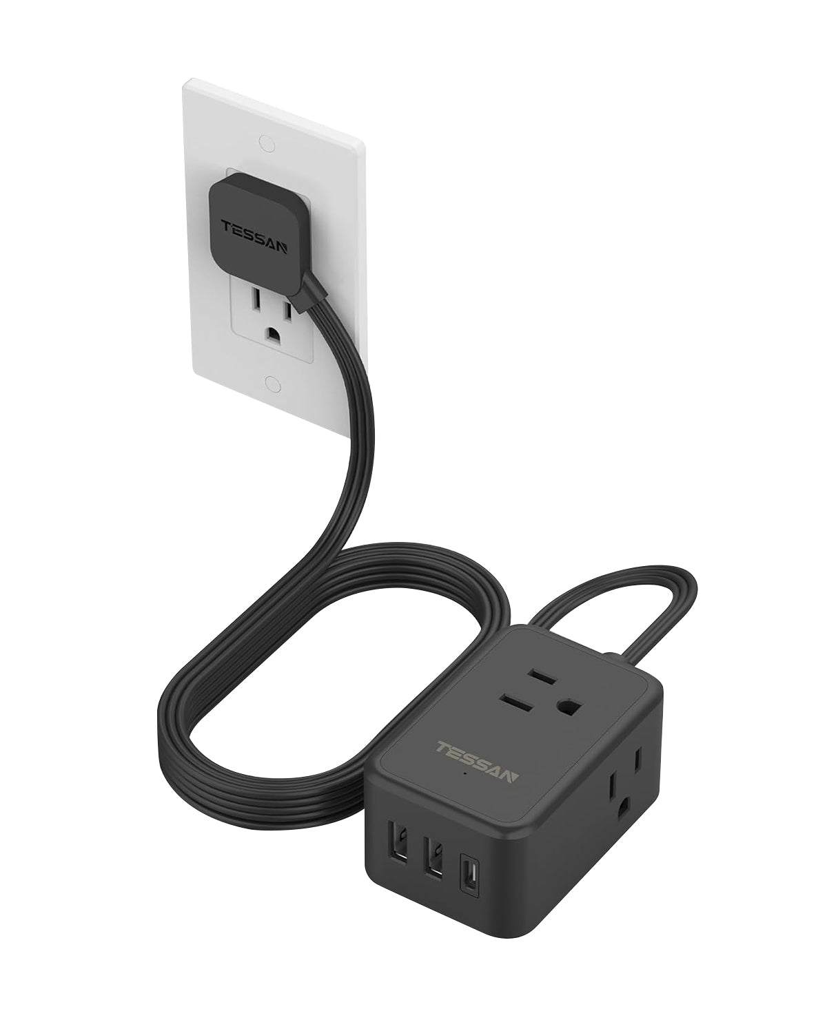 TESSAN Ultra Thin Power Strip with 3 USB Wall Charger (1 USB C), Flat Black Extension Cord