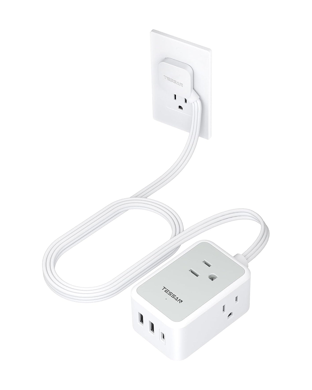 TESSAN Ultra Thin Extension Cord with 3 USB Wall Charger (1 USB C)