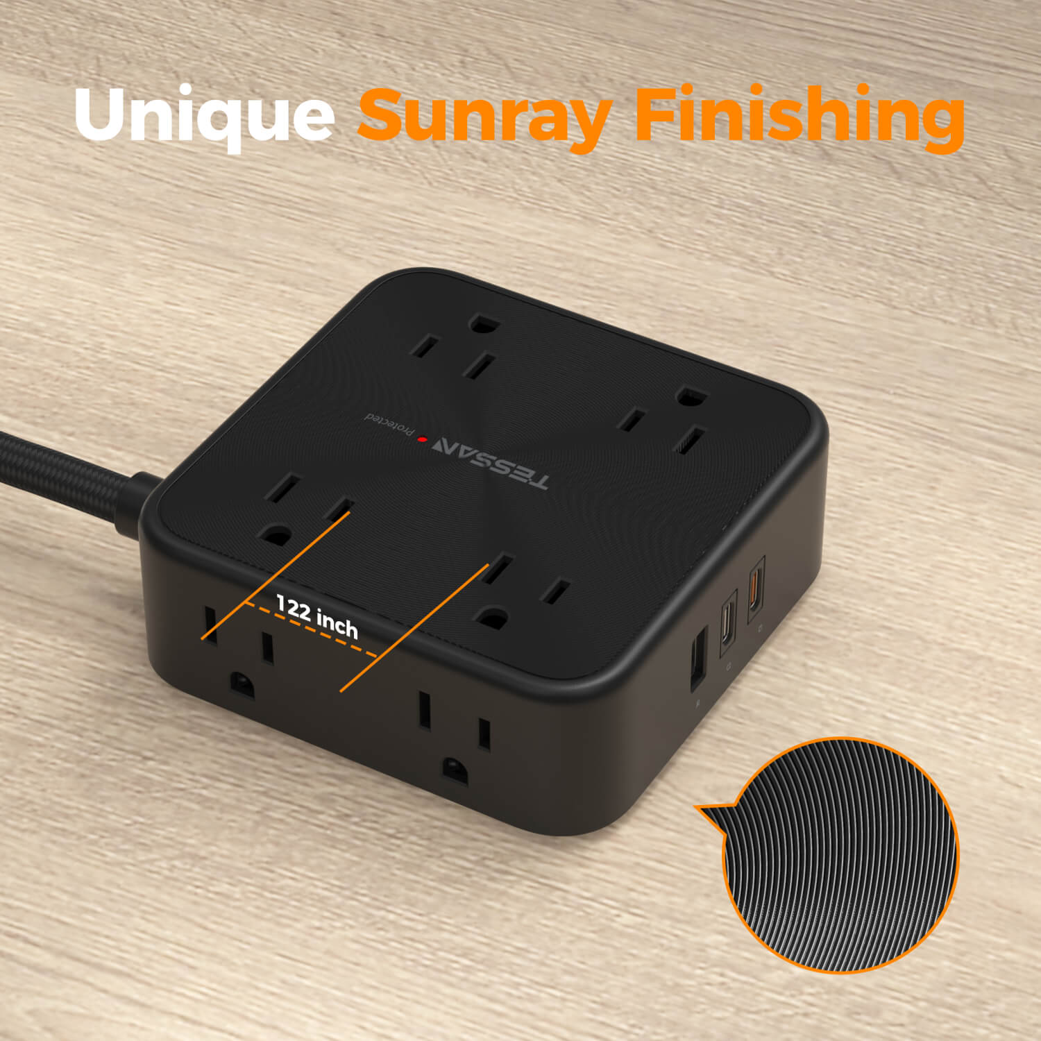 TESSAN Power Strip with USB-C & 6FT Braided Cord