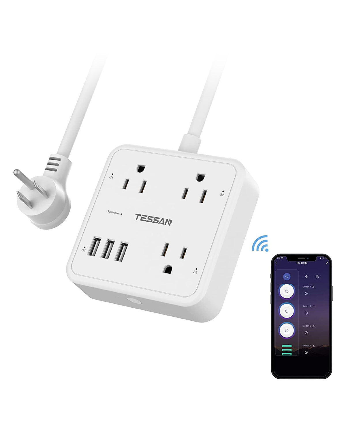 TESSAN WiFi Extension Cord with 3 Individually Remote Controlled Outlets 3 USB Ports