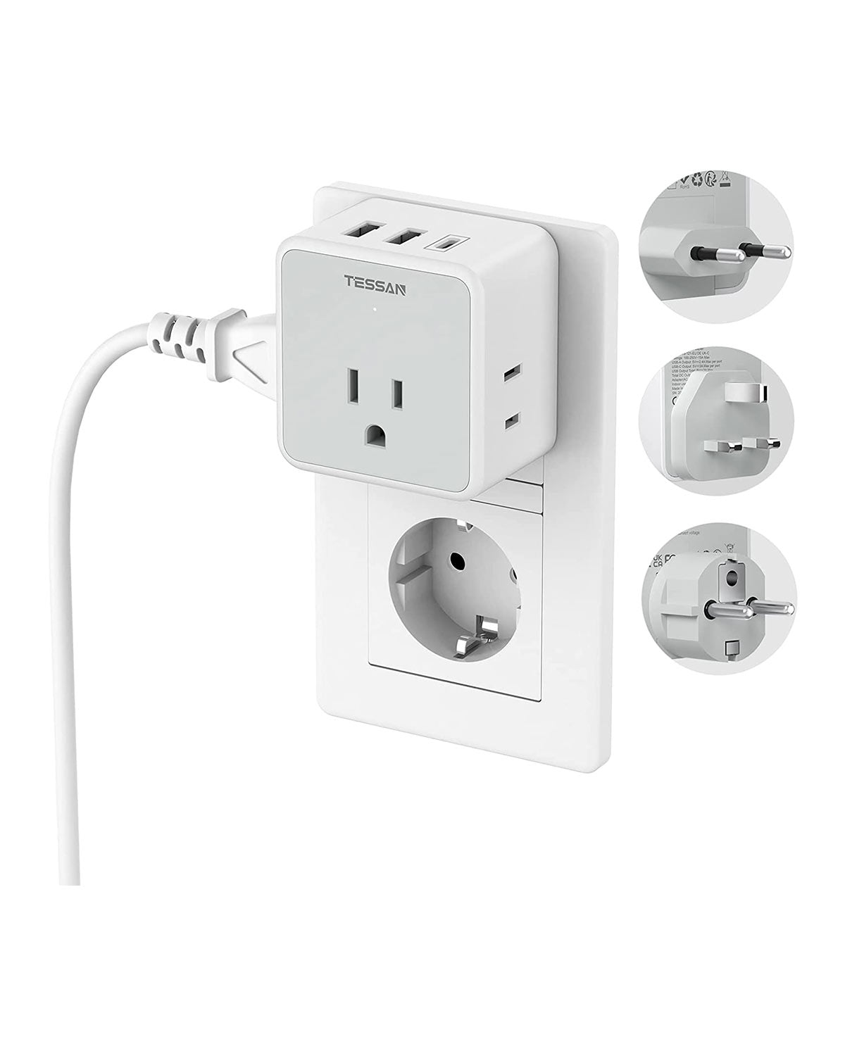 TESSAN All European UK Travel Plug Adapter Kit with 3 Outlet 3 USB Charger (1 USB C)