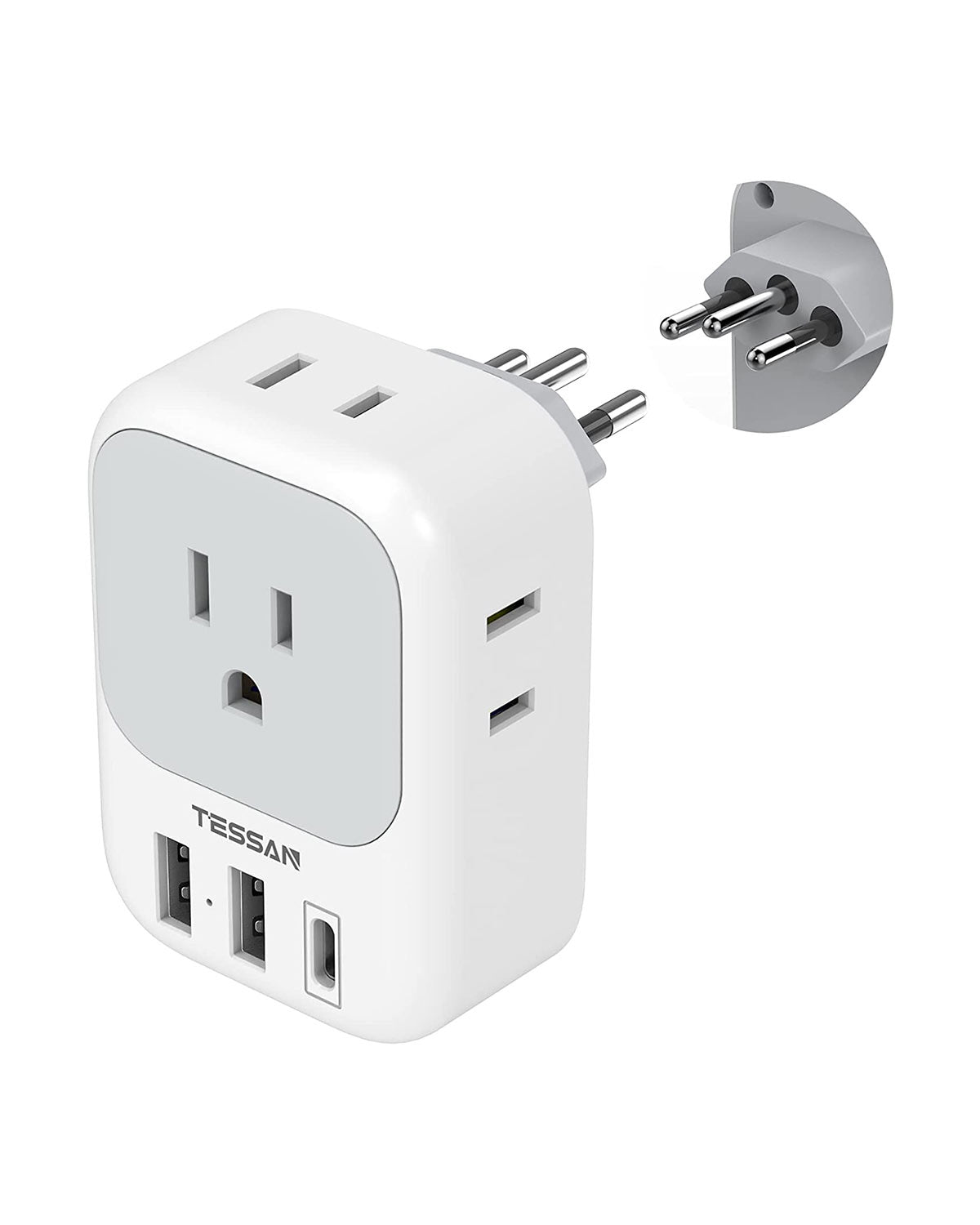 TESSAN US to Brazil Travel Plug with 4 American Outlets 3 USB Charger (1 USB C Port)