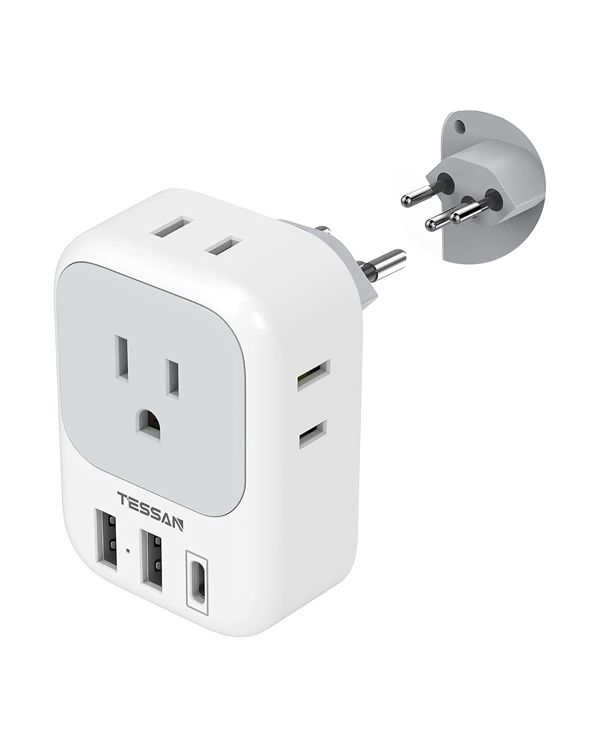 TESSAN US to Switzerland Plug Adapter with 4 American Outlets 3 USB Charger (1 USB C Port)