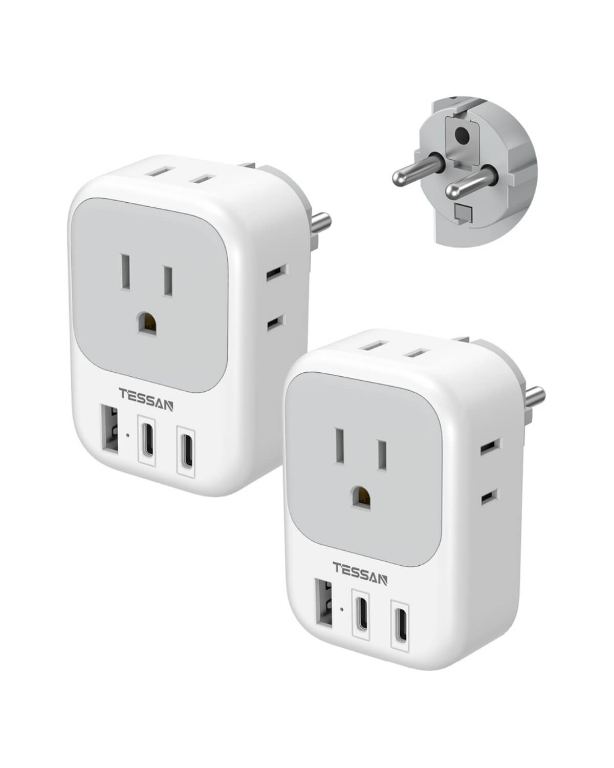 Germany France Power Adaptor with 3 USB Charger Ports(1 USB C), 2 Pack