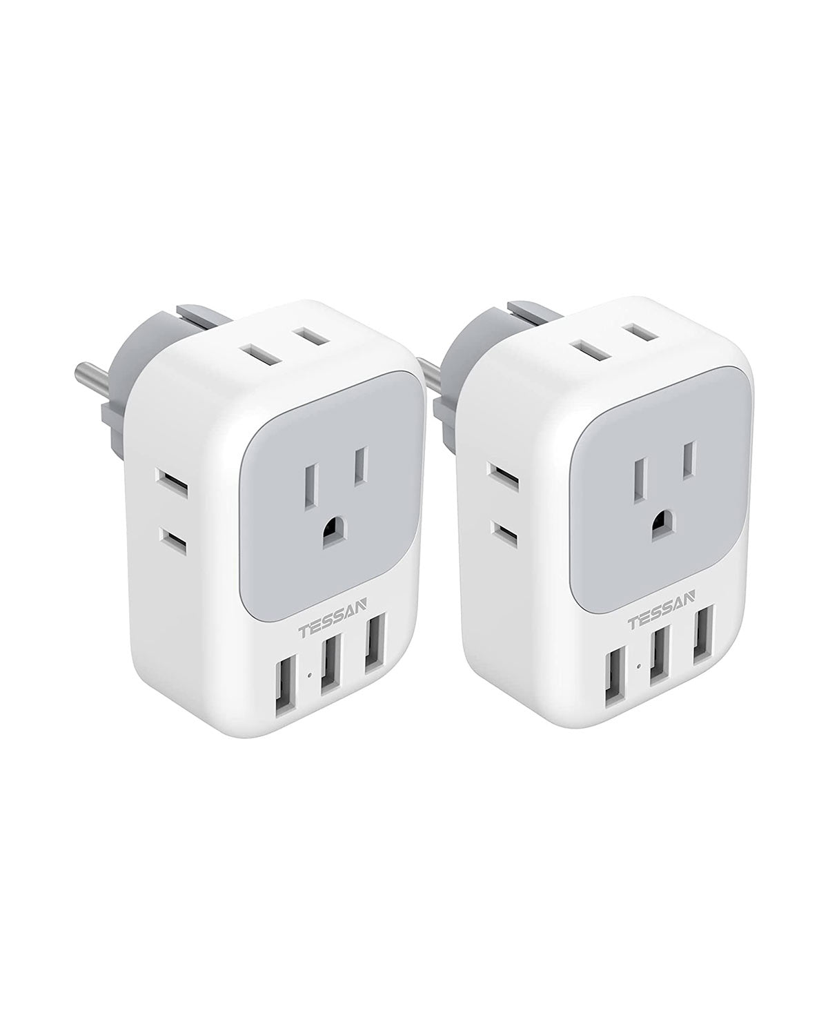 TESSAN Travel Adaptor for US to Europe EU with 4 AC Outlets 3 USB Ports, 2 Pack