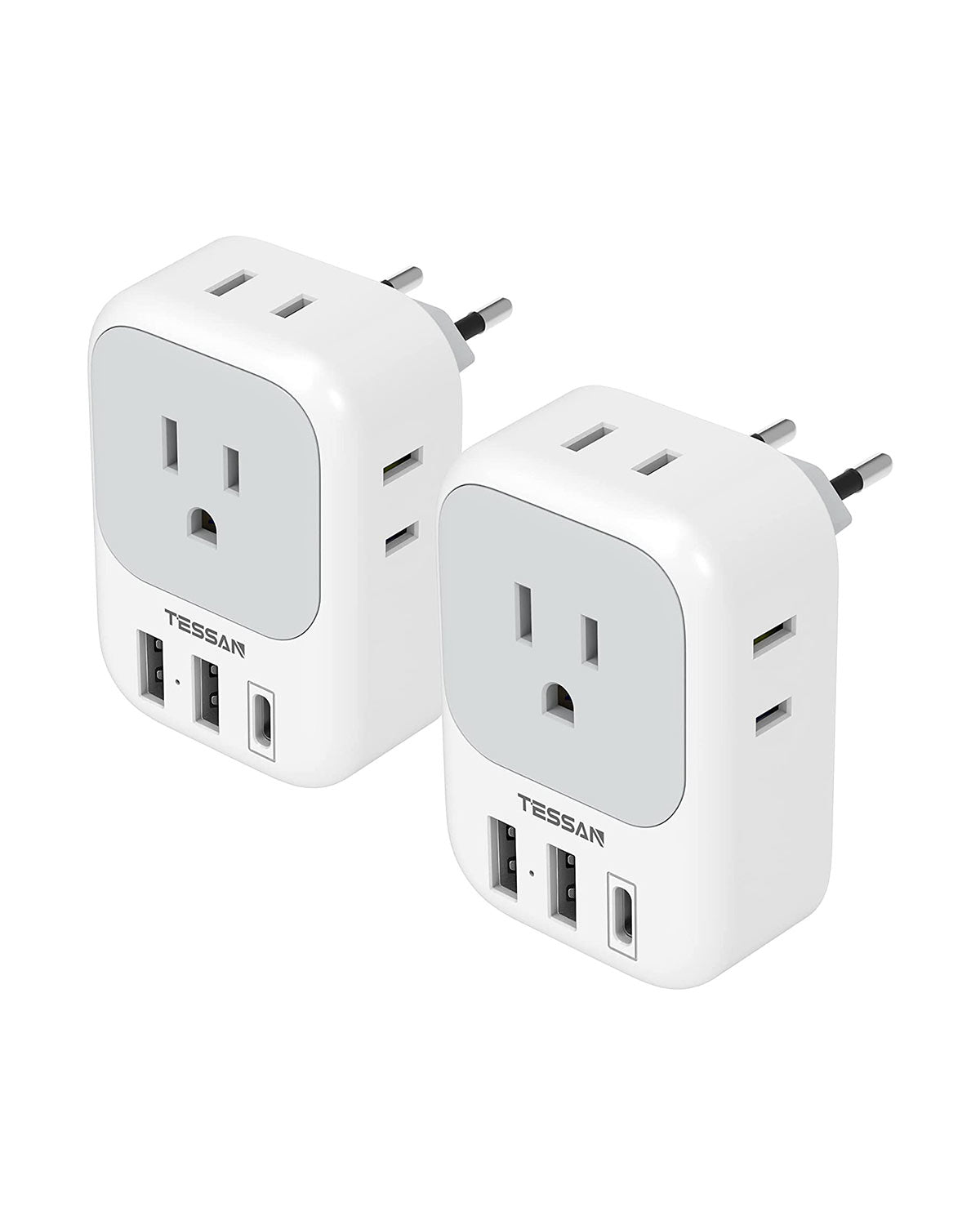 TESSAN US to Europe Plug Adapter with 4 Outlets 3 USB Charger (1 USB C Port), 2 Pack