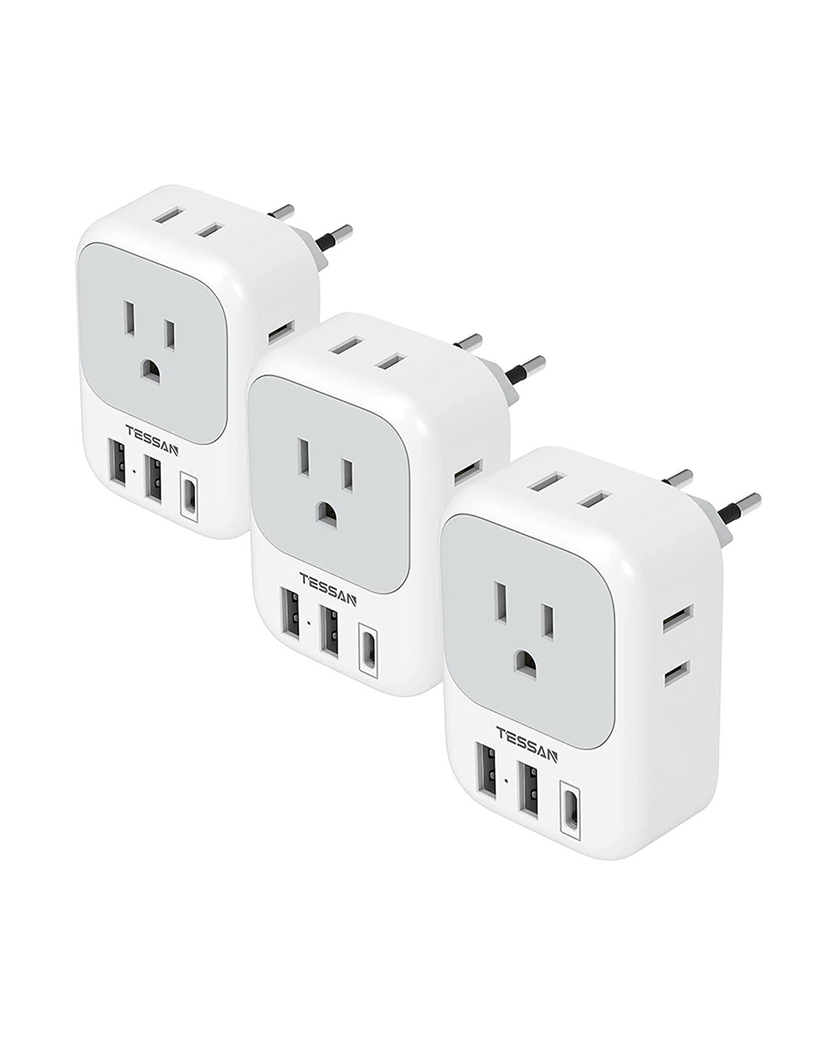 TESSAN US to Europe Power Adapter with 4 AC Outlets and 3 USB (1 USB C), 3 Pack