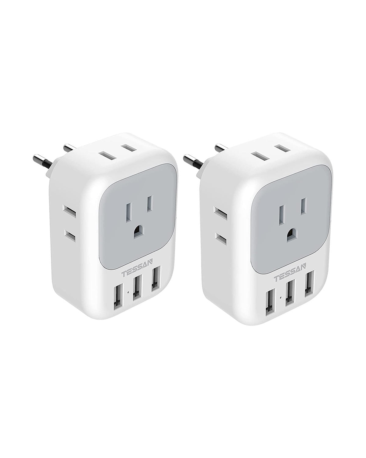 US to Europe Power Adapter with 4 AC Outlets and 3 USB, 2 Pack