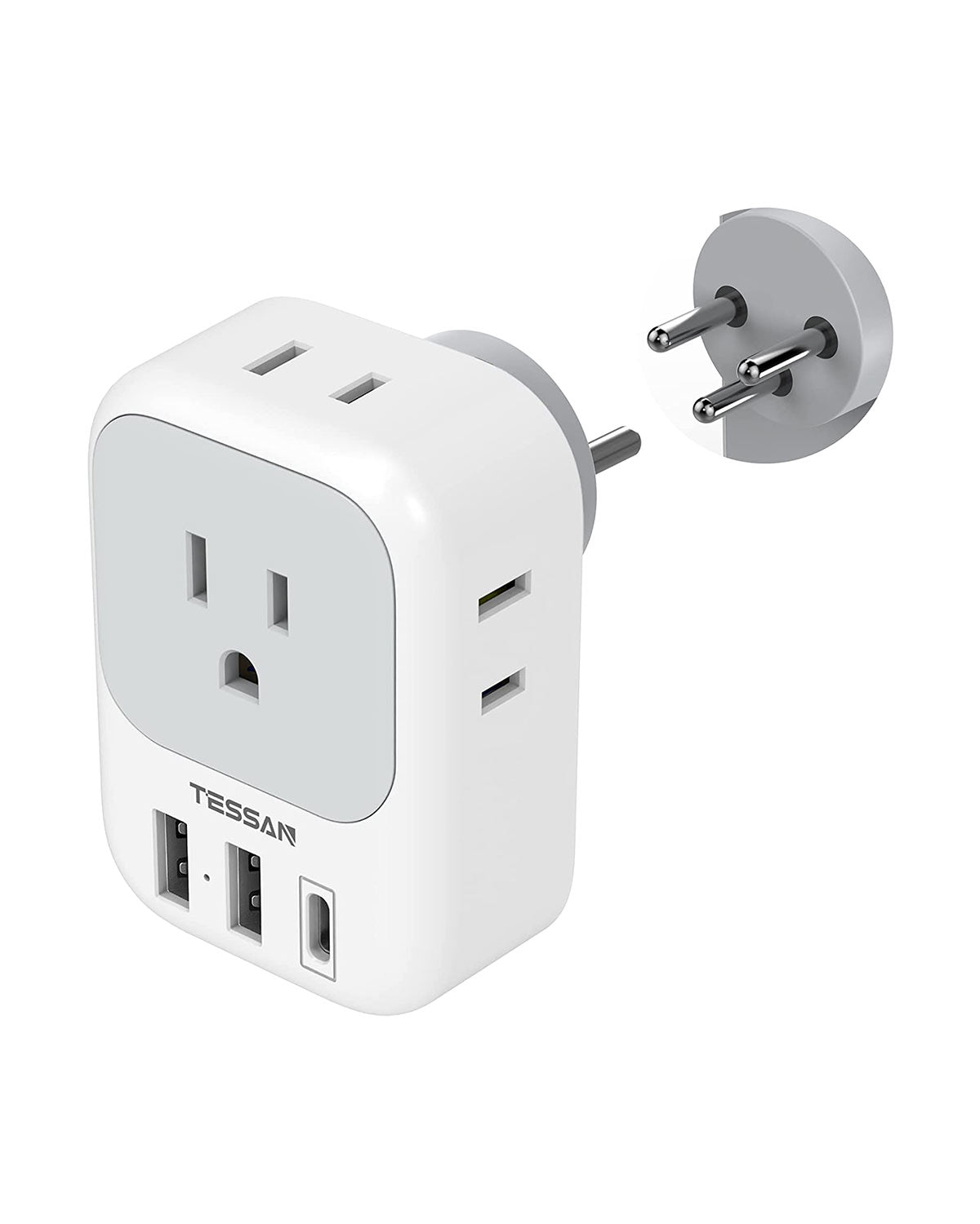 TESSAN US to Israel Plug Adapter with 4 American Outlets 3 USB Charger (1 USB C Port)