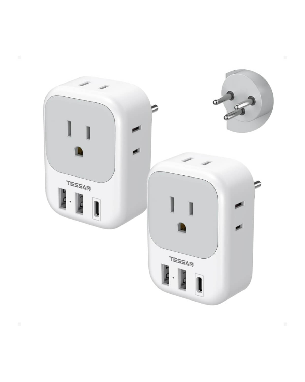TESSAN US to Israel Plug Adapter with 4 American Outlets 3 USB Charger (1 USB C Port)