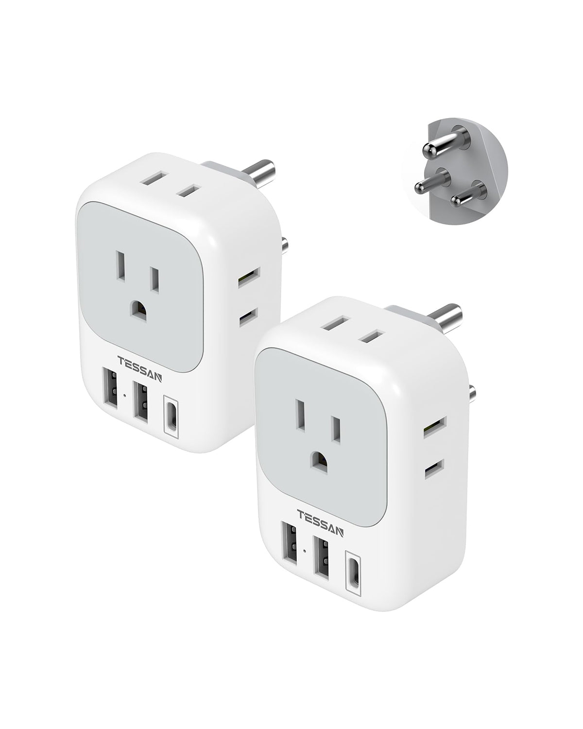 TESSAN Type D Travel Adapter with 4 Outlets 3 USB Charger (1 USB C Port), India Plug Adapter 2 Pack