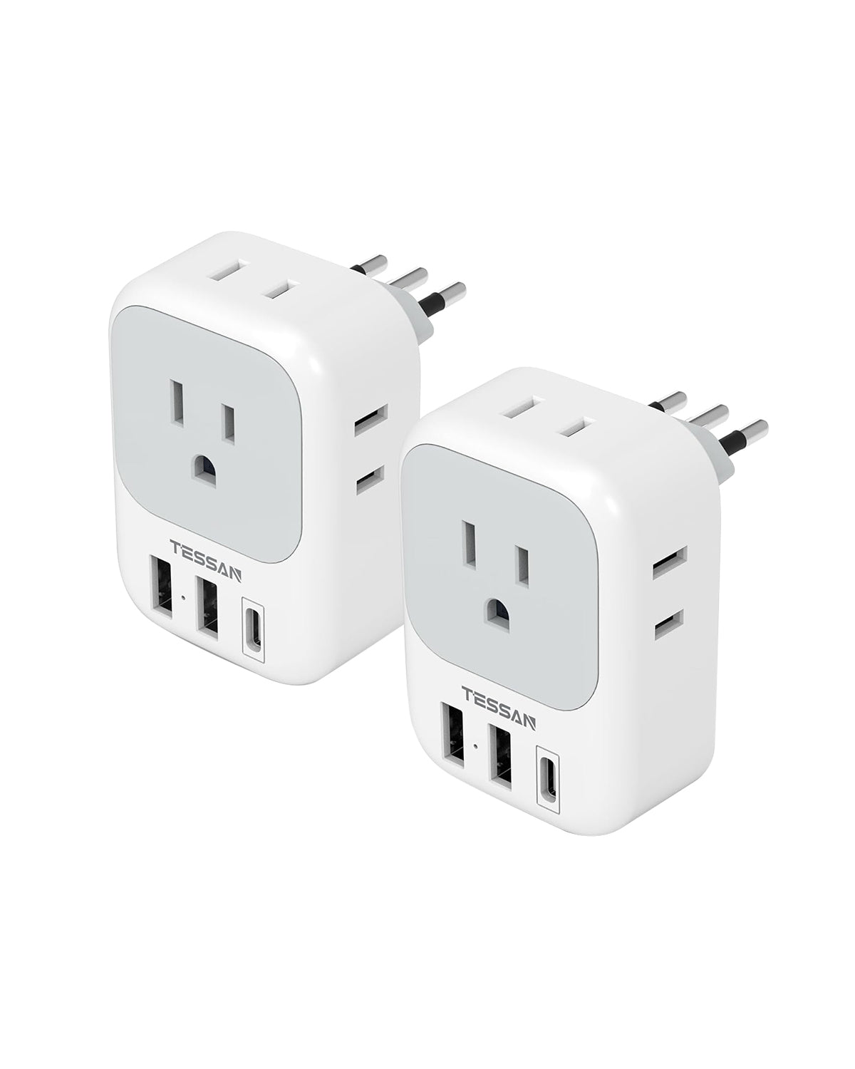 TESSAN Italy Power Adapter with 4 Outlets 3 USB Charger (1 USB C Port), Italy Travel Plug Adapter 2 Pack