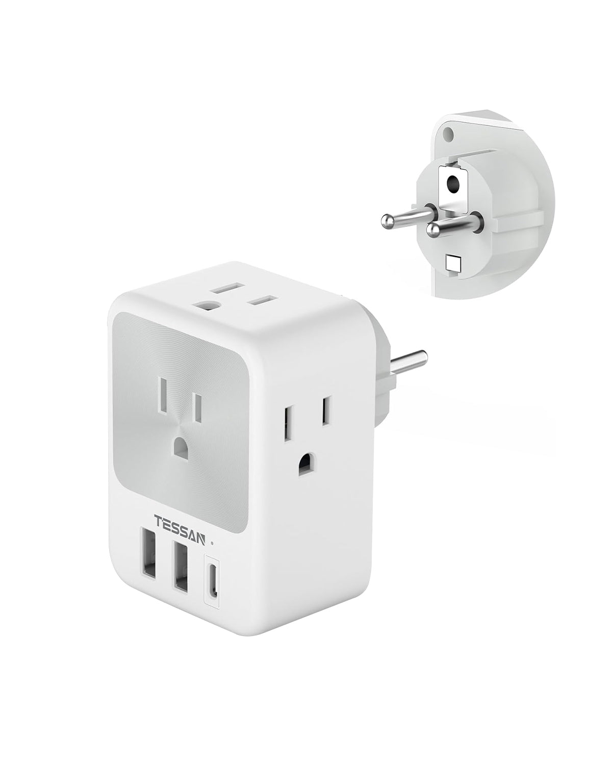 TESSAN Germany France Travel Power Adapter, Schuko Plug Adaptor with 4 Outlets 3 USB Charger (1 USB C Port)