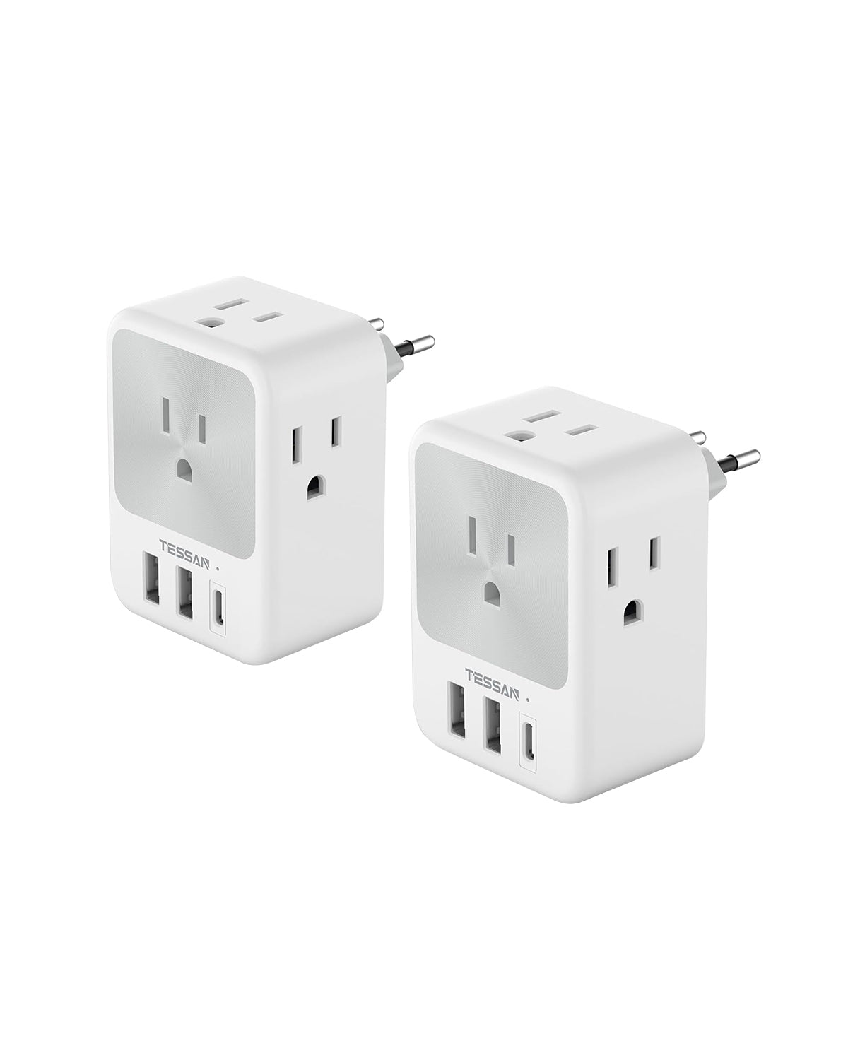 TESSAN US to Europe Power Adaptor with 4 Outlets and 1 USB C, 2 Packs