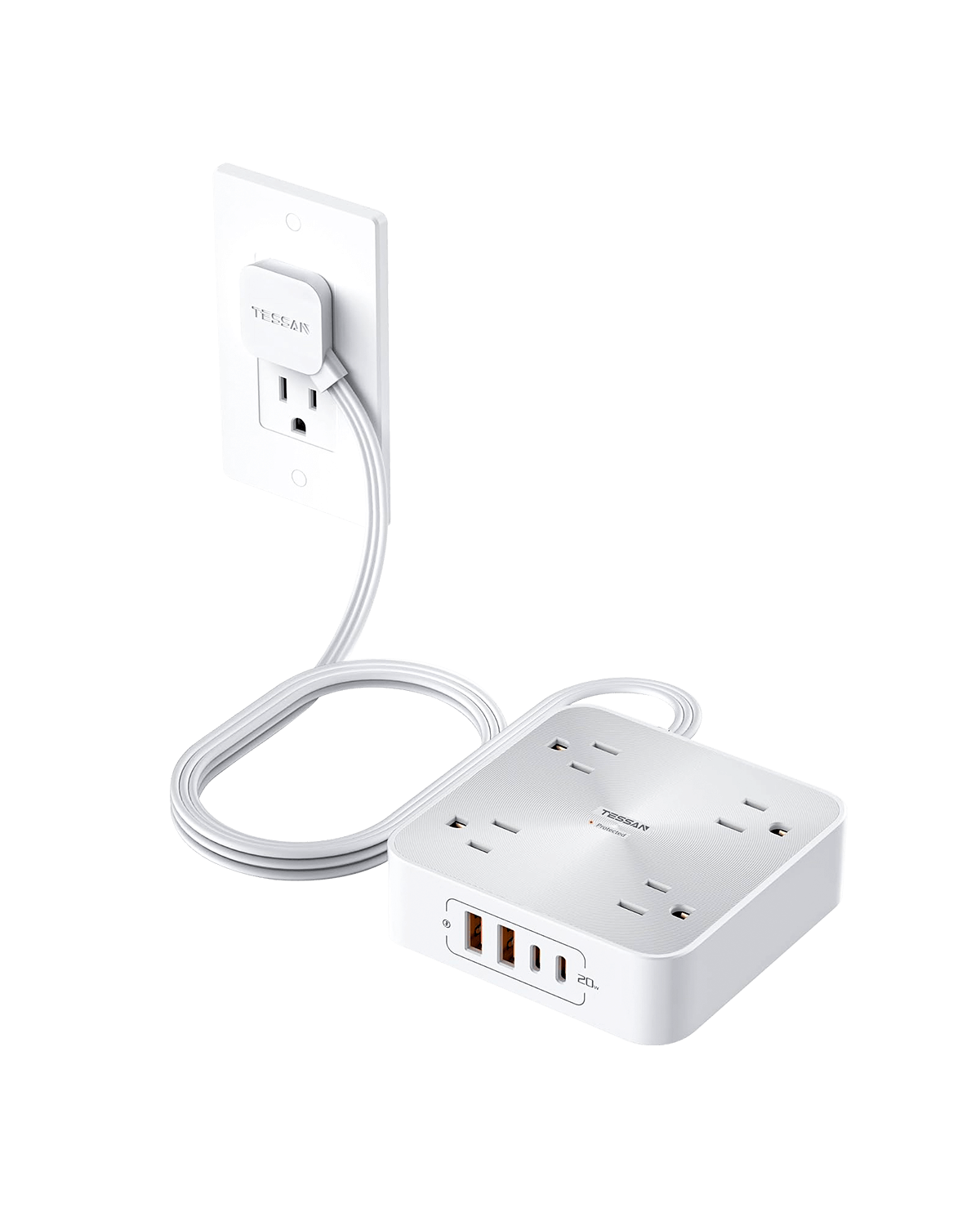 TESSAN Flat Plug Power Strip With USB Ports(2 USB A + 2 USB C), 30W Fast Charging, Surge Protection