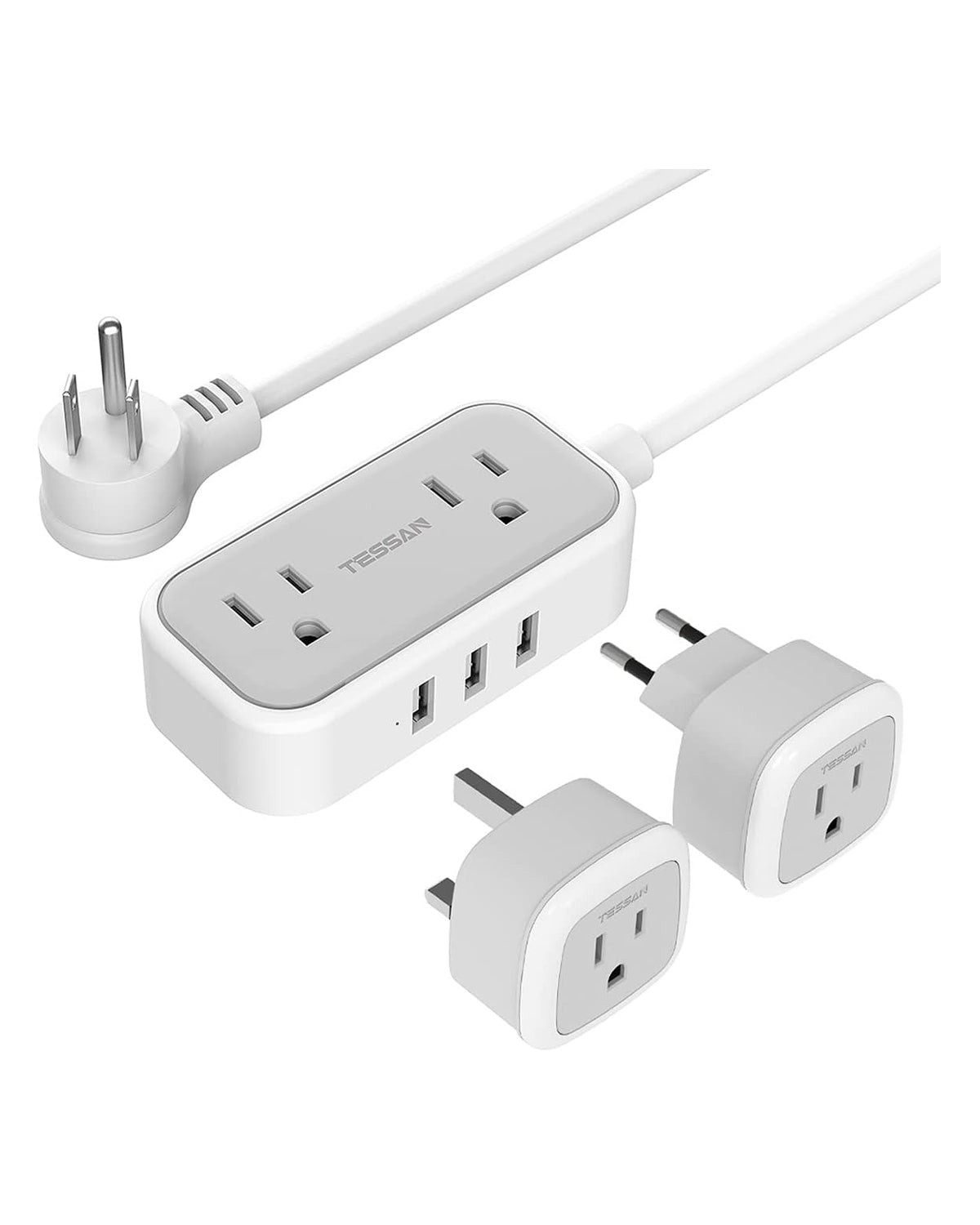 TESSAN European Travel Plug Adapter with Power Strip, EU UK Travel Extension Cord with 2 Outlet 3 USB