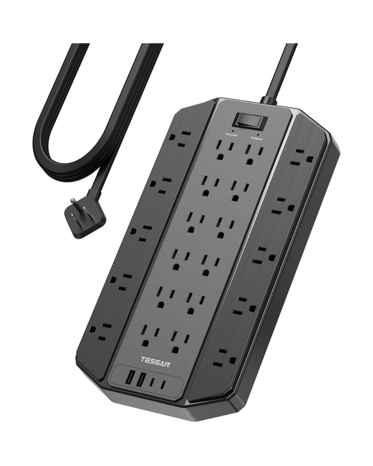 Tessan Flat Extension Cord Power Strip 22 Outlets Black