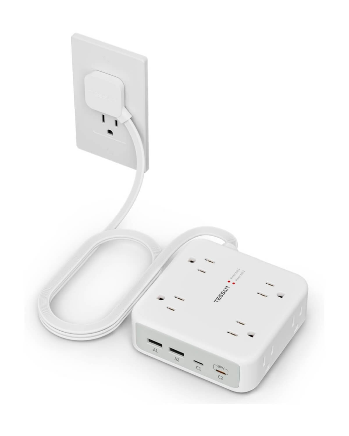 TESSAN Flat Extension Cord Surge Protector Power Strip