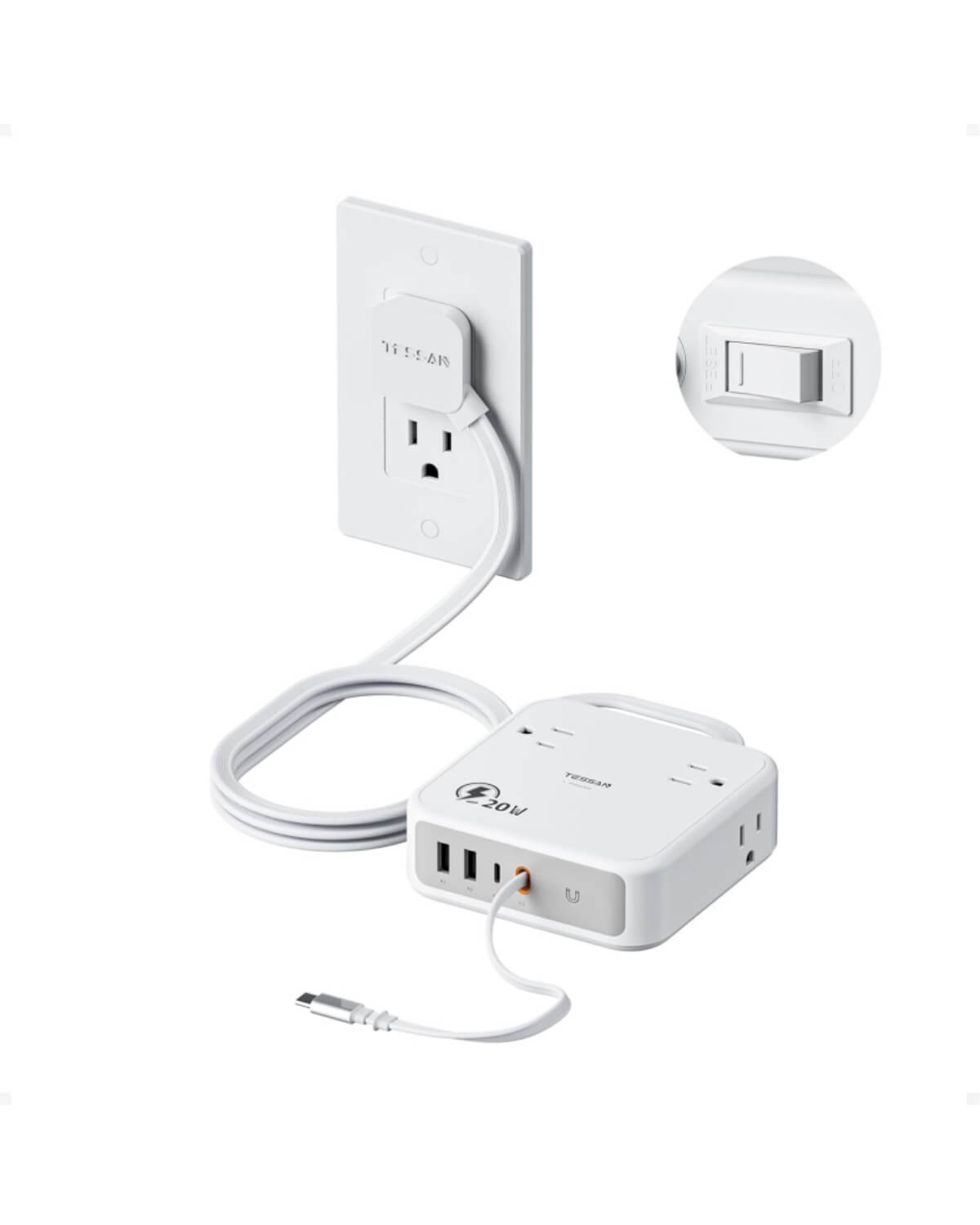 TESSAN 8-in-1 Flat Plug Surge Protector with Retractable USB-C Cable