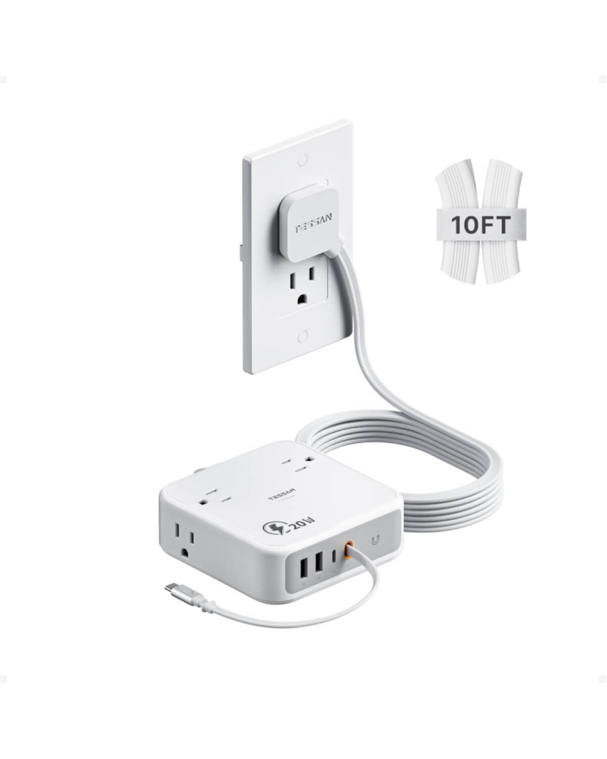 TESSAN 8-in-1 Flat Plug Surge Protector with Retractable USB-C Cable