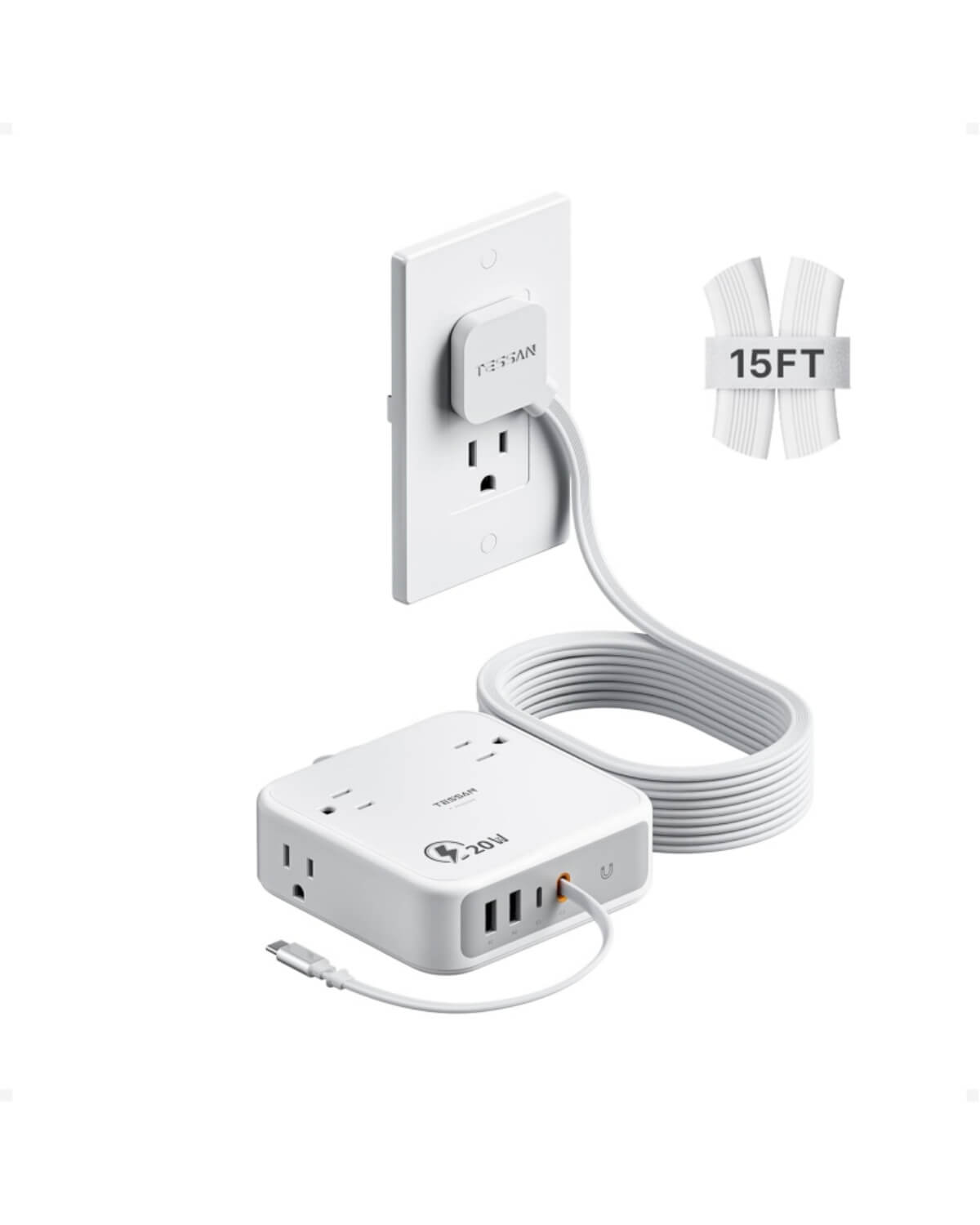 TESSAN 8-in-1 Flat Plug Surge Protector with Retractable USB-C Cable