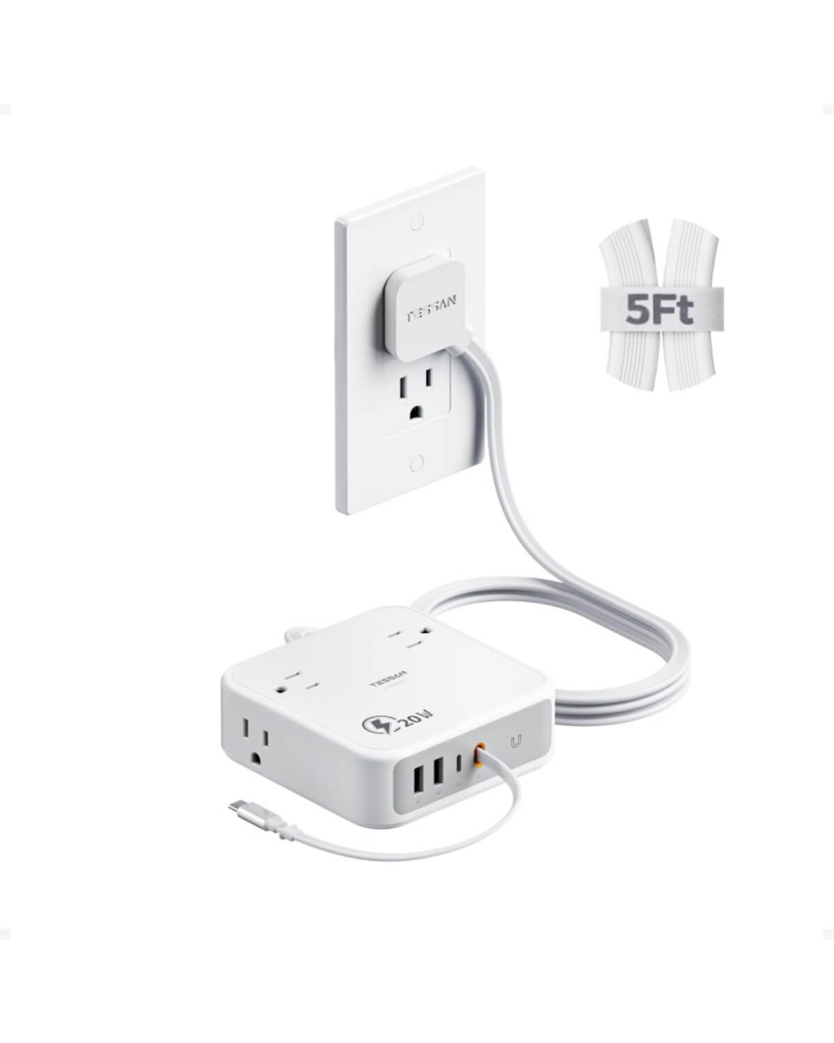 TESSAN 8-in-1 Flat Plug Surge Protector with Retractable USB-C Cable