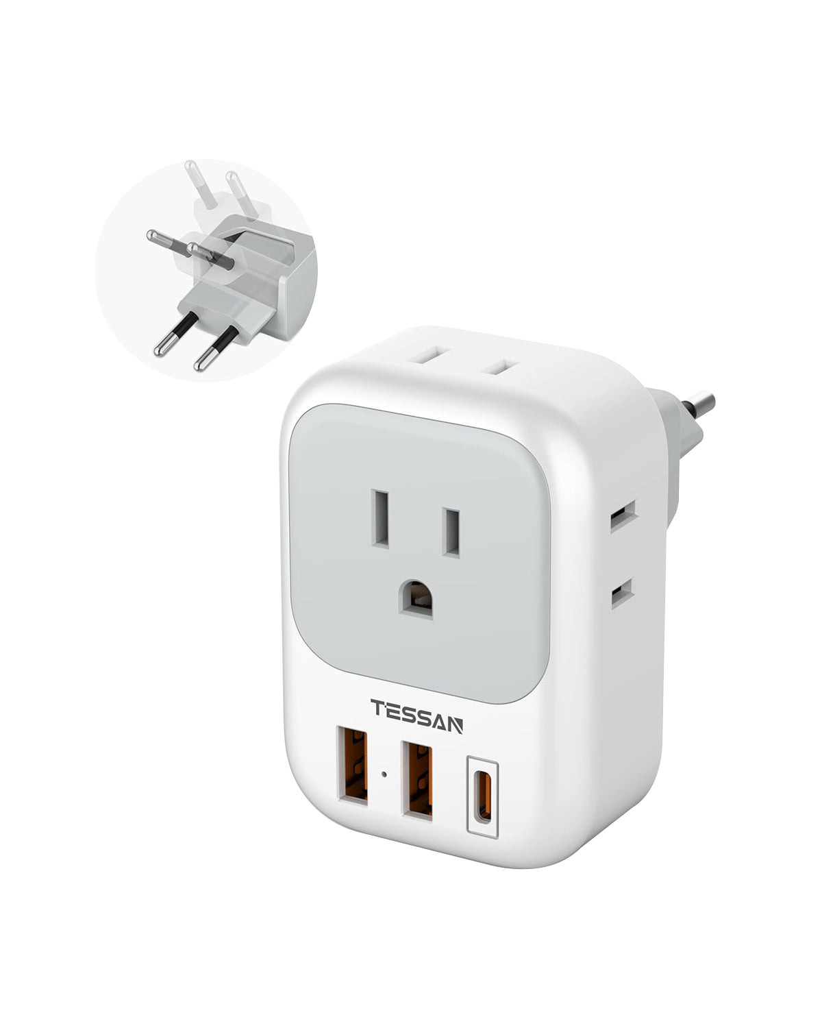 TESSAN Europe Adapter with 4 Outlets and 3 USB(1 USB C PD 20W), Foldable Plug