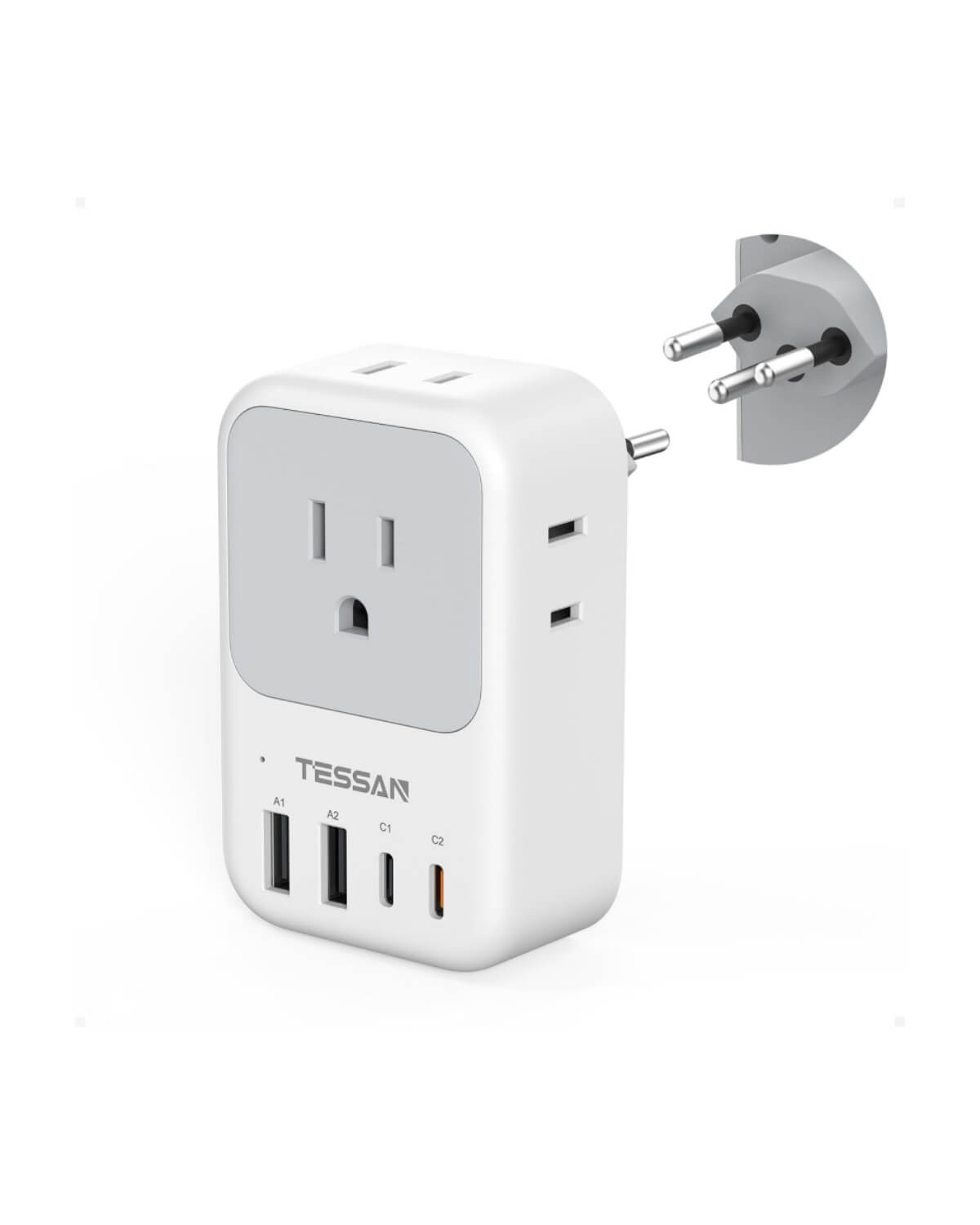 TESSAN US to Switzerland Plug Adapter with 4 American Outlets 3 USB Charger (1 USB C Port)