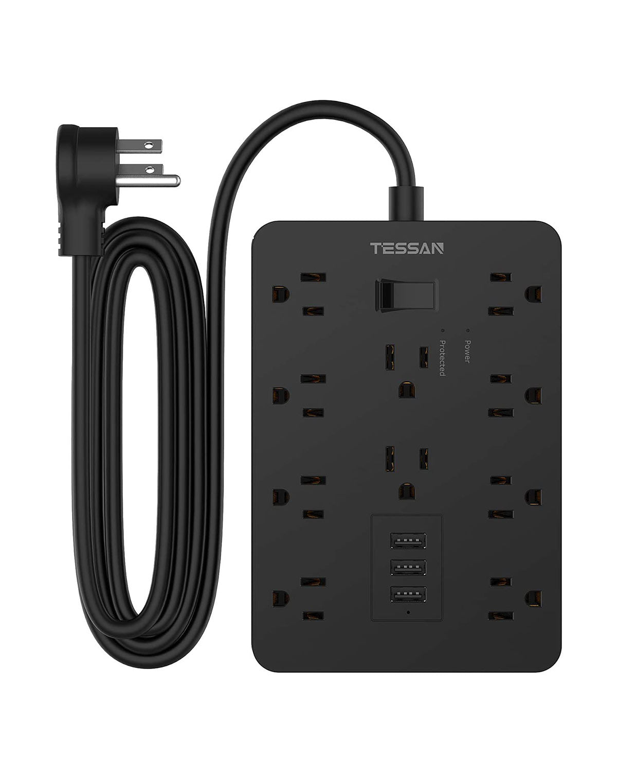 TESSAN Flat Plug Power Strip with 10 Widely Spaced AC Outlets and 3 Ch