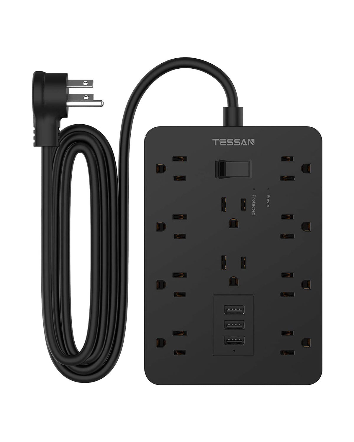 TESSAN Flat Plug Power Strip with 10 Widely Spaced AC Outlets and 3 Charging Ports
